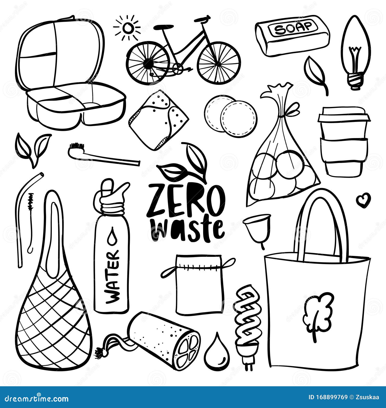 Reusable products. Zero waste durable items bathroom and hygiene set doodle  drawing,vector illustration.Items collection made of bamboo, metal and  other environmental materials Eco friendly concept 14657340 Vector Art at  Vecteezy