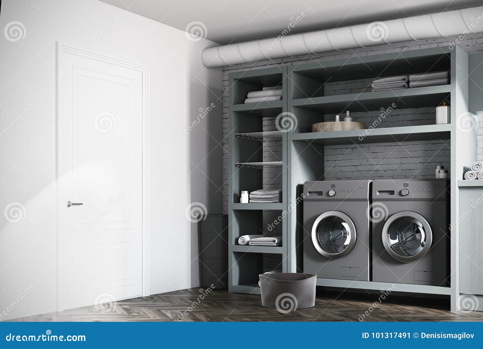 Graue Waschküche, Wanne, Waschmaschine Stock Abbildung