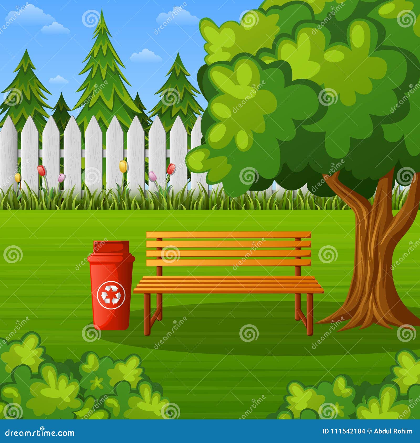 Zielony Park Z Drewnianą ławką I Kosz Na śmieci Ilustracja ławka park ilustracja wektor. Ilustracja złożonej z kwiat
