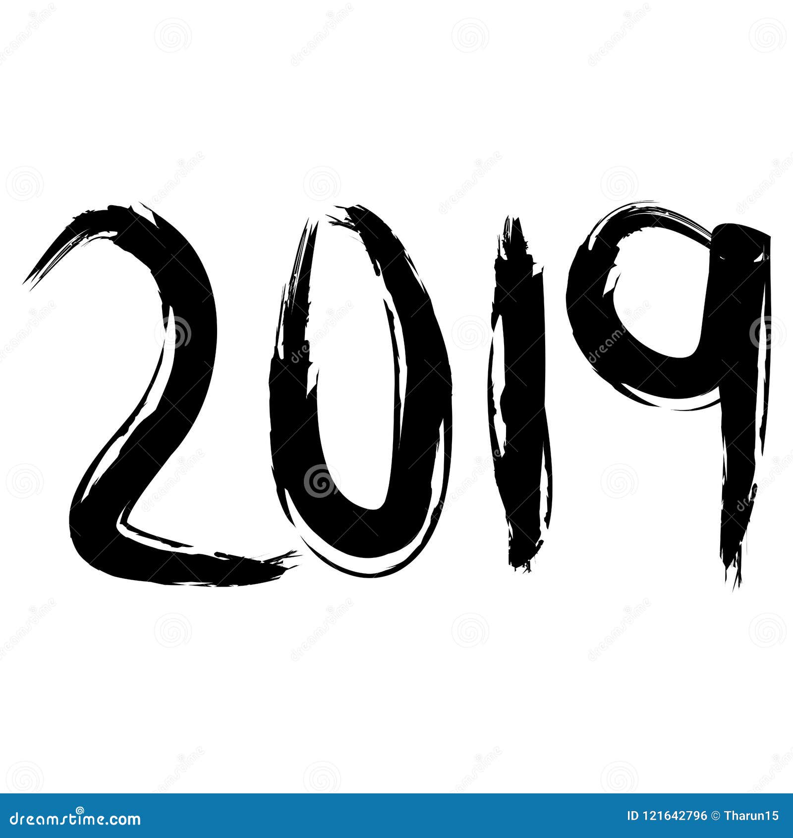 Ziffern zwanzig neunzehn im schwarzen Bürstenanschlag für das neue Jahr 2019 auf einem lokalisierten weißen Hintergrund