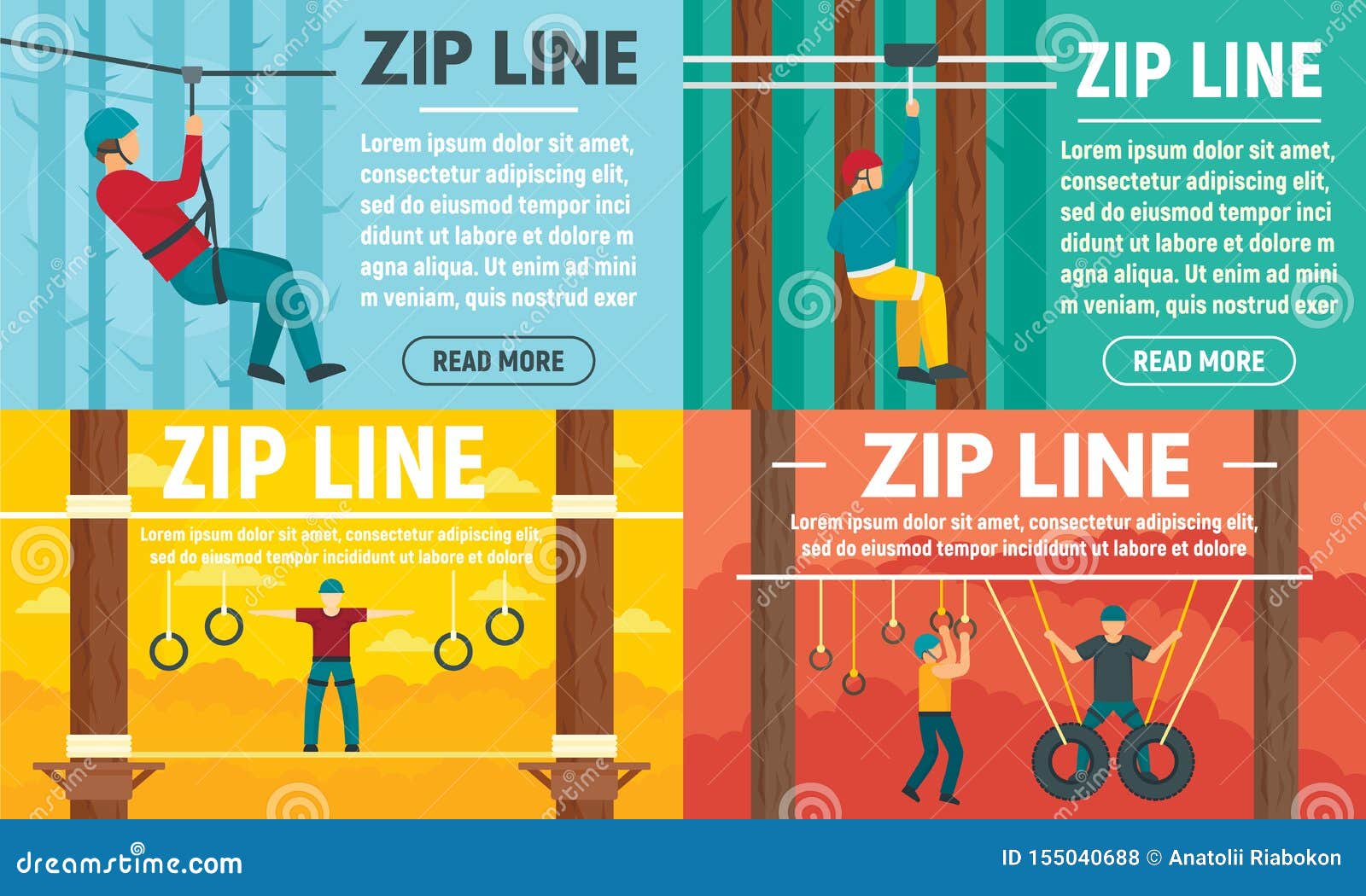 Zip Line Banner Set, Flat Style Stock Vector - Illustration of icon