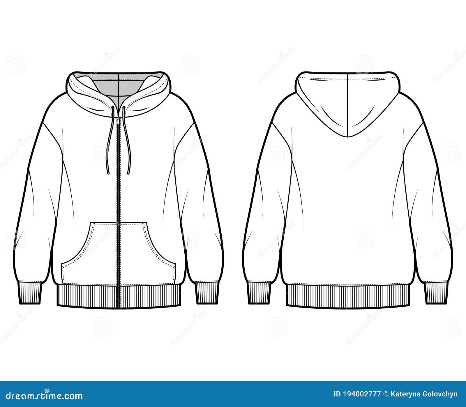 Hoodie. Technical Fashion Flat Sketch Vector Black Color Template ...