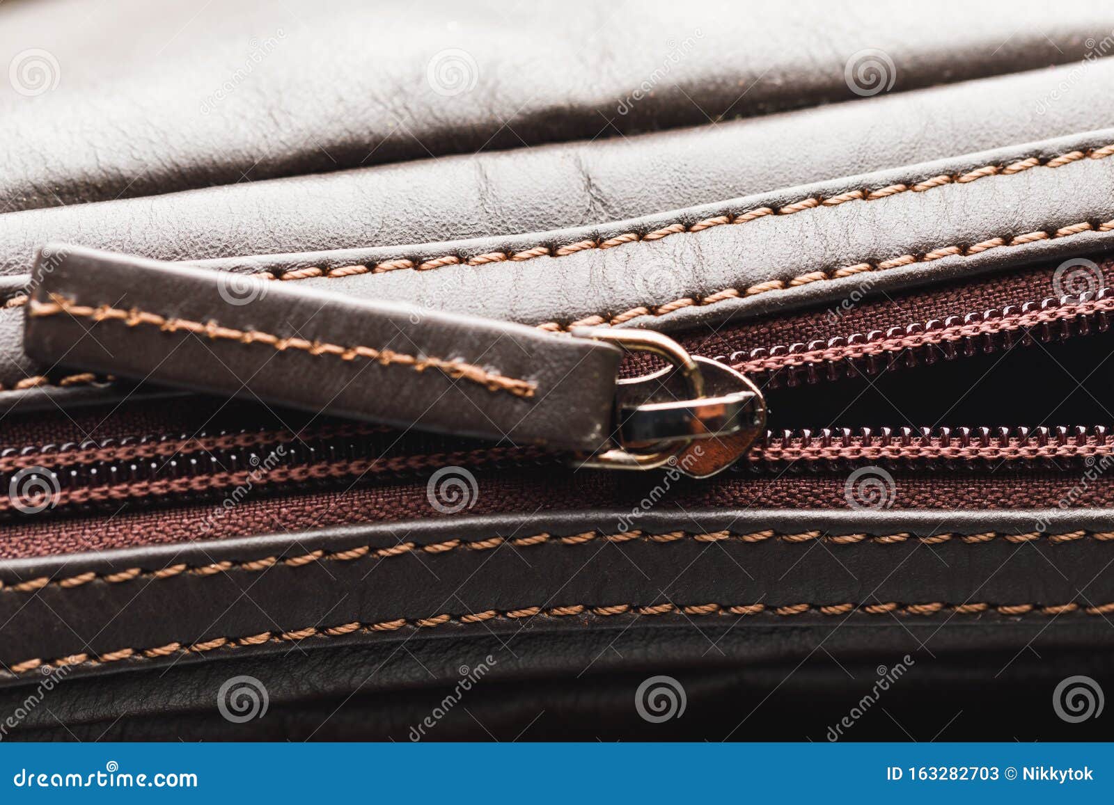 Zipper of Brown Leather Bag Stock Image - Image of crumpled, leather ...