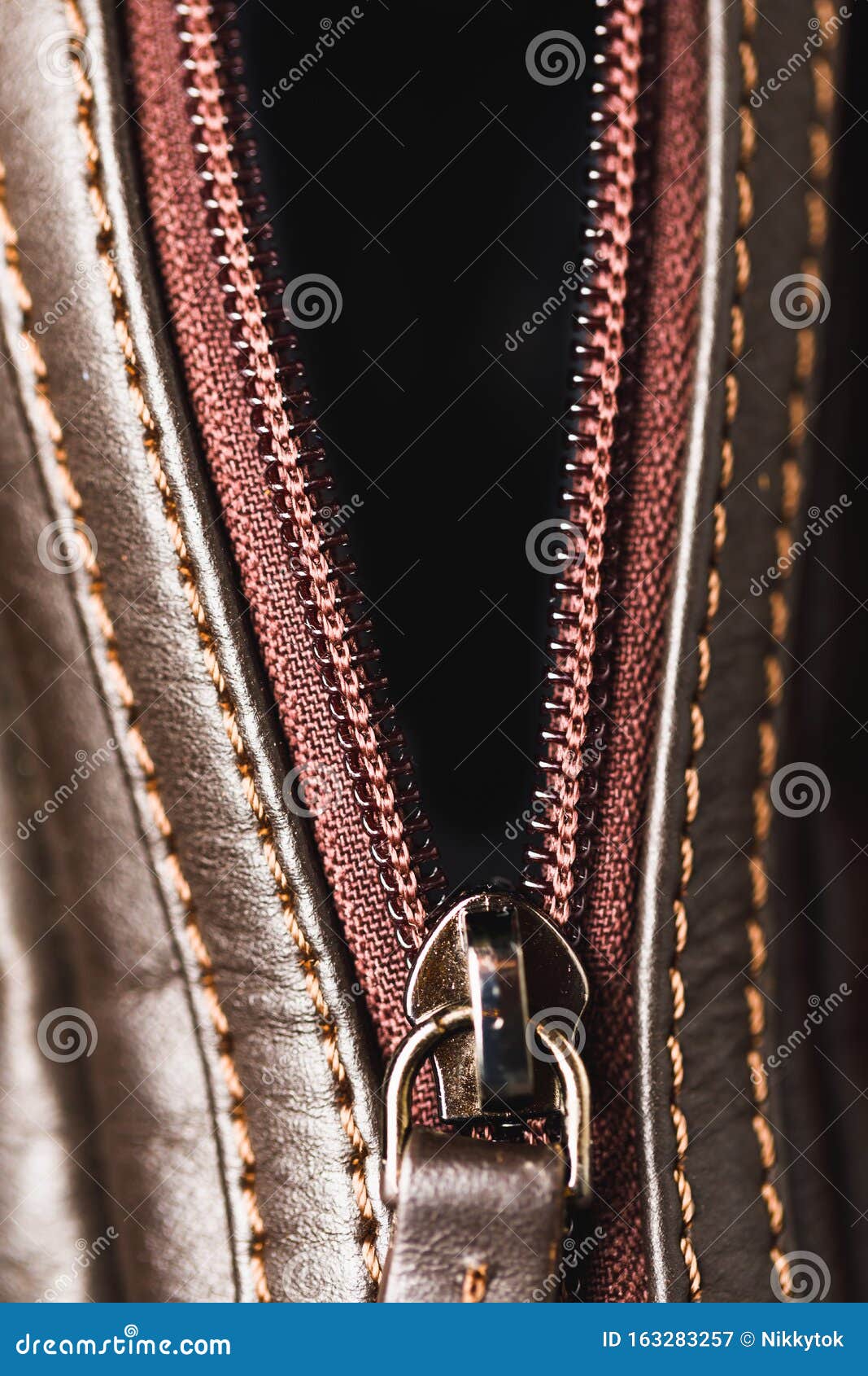 Zipper of Brown Leather Bag Stock Image Image of fashion, leather
