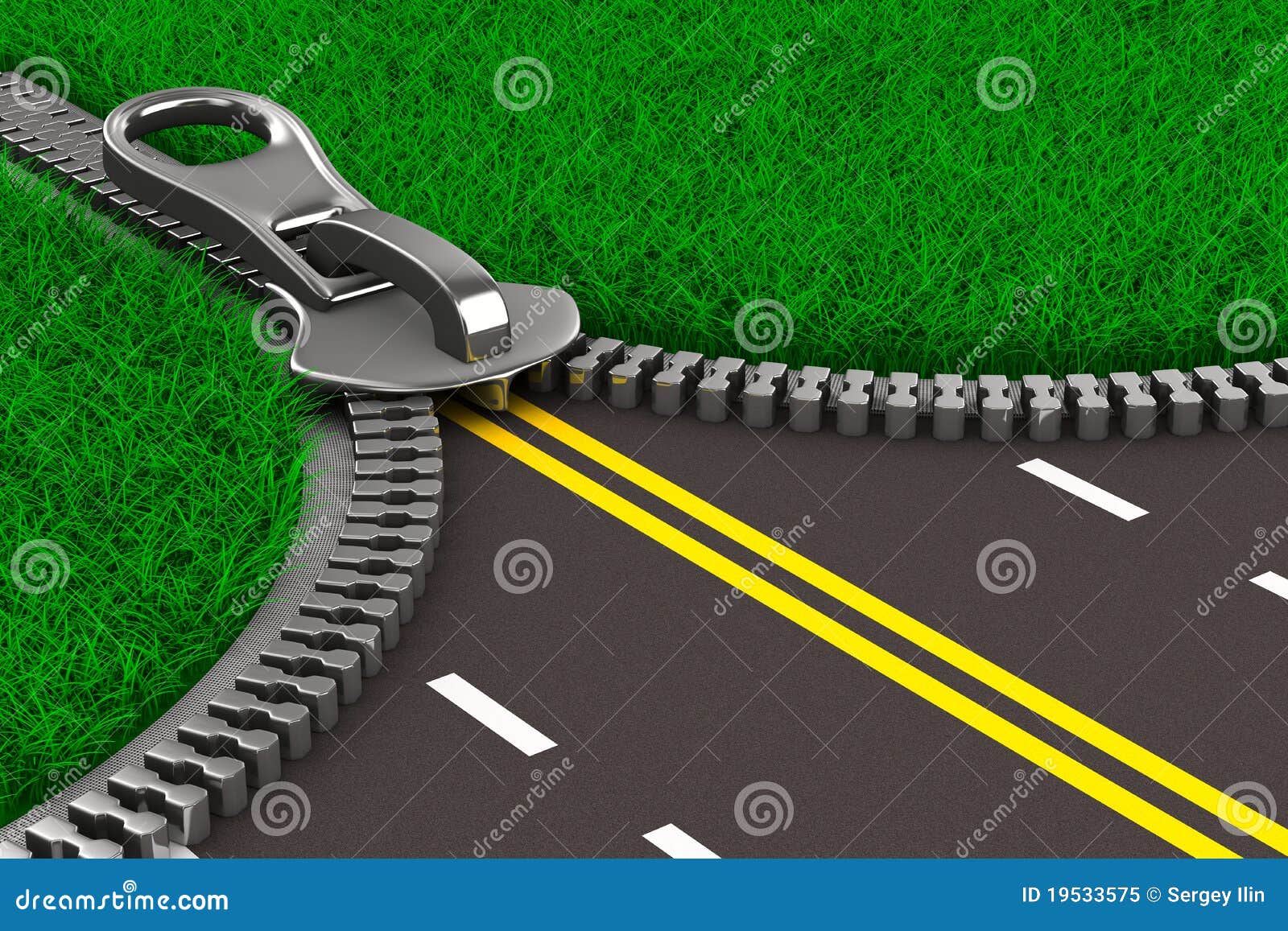 Zipper with Grass and Road. Isolated 3D Stock Illustration