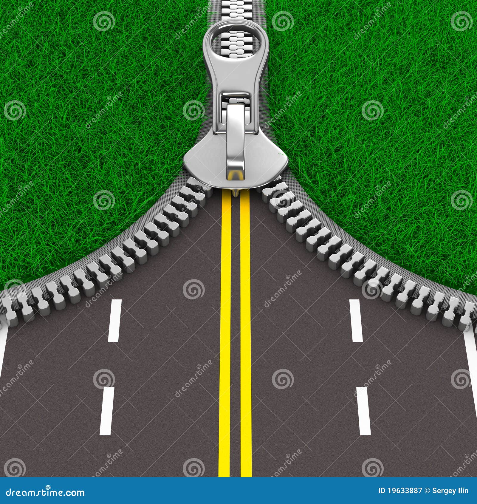 Zipper with Grass and Road. Isolated 3D Stock Illustration