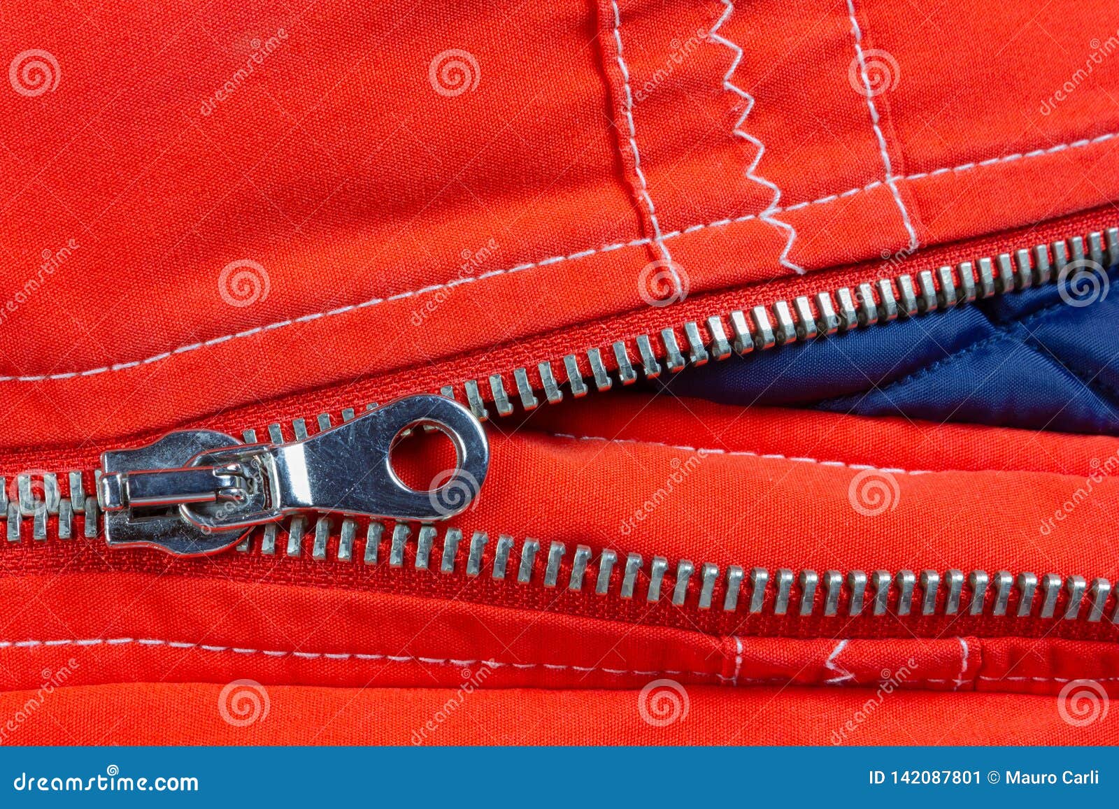 Zipper of a Red and Blue Down Jacket Stock Image - Image of tooth ...