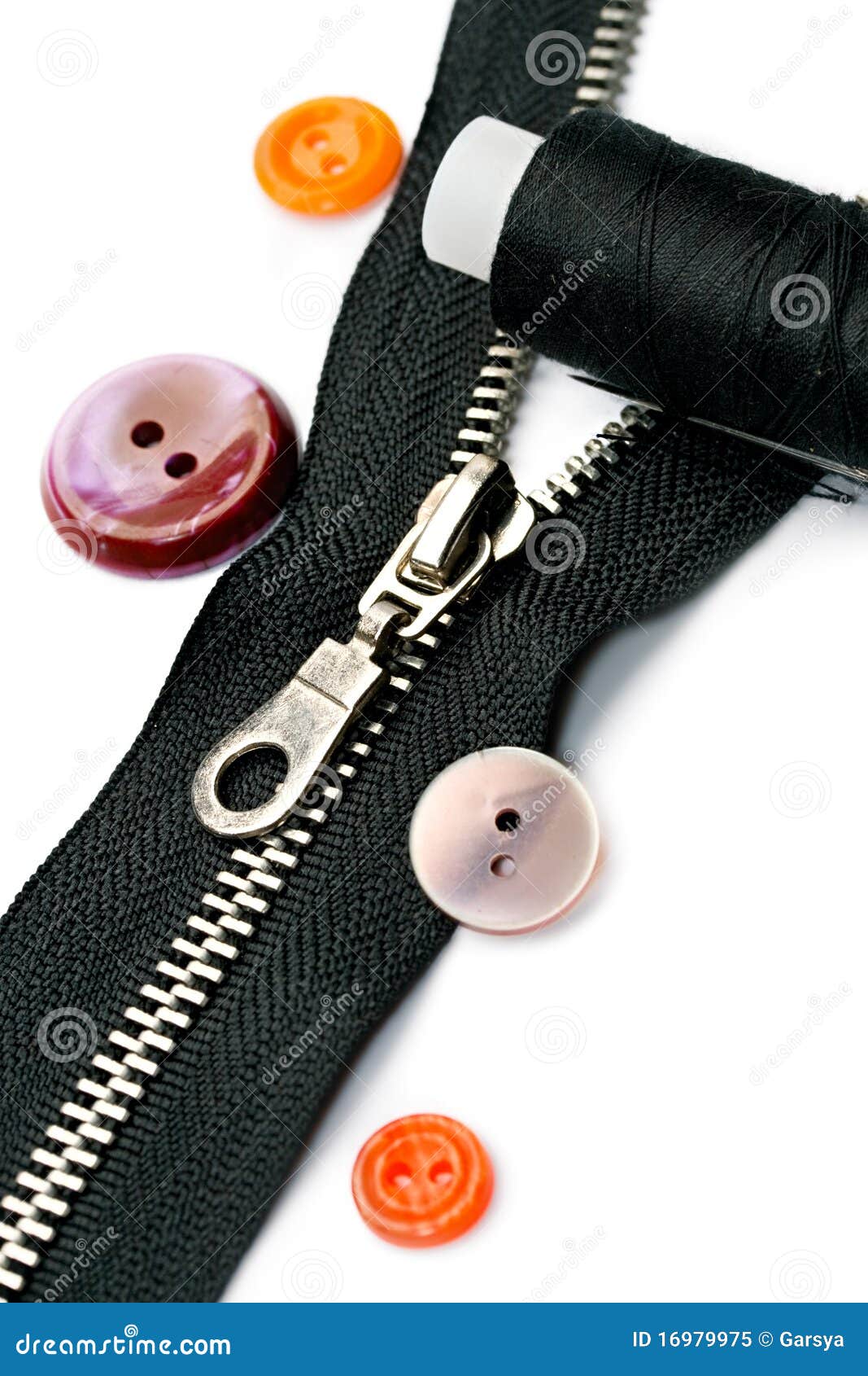 Zipper, thread and button isolated on white
