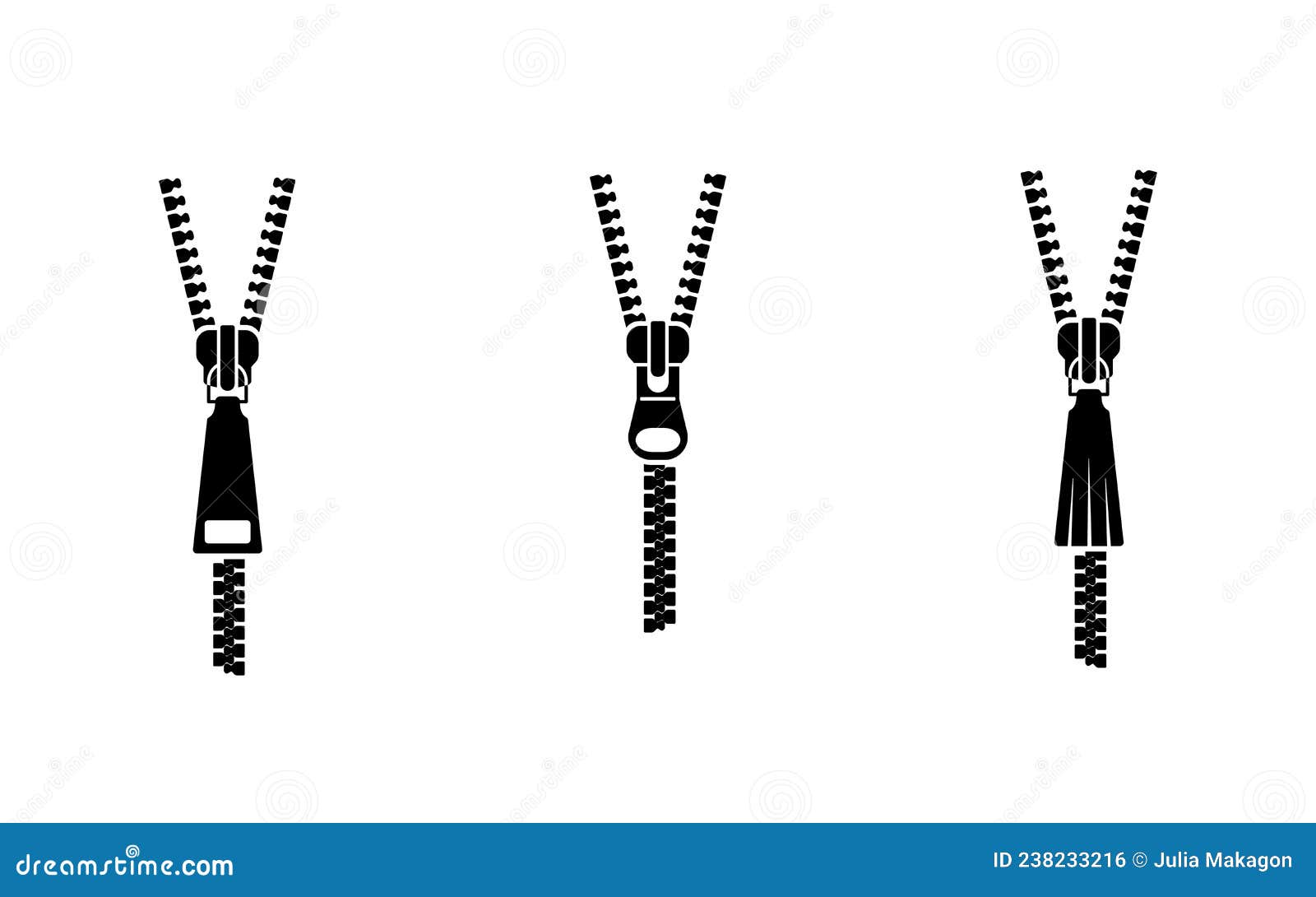 Zippers. Open and Closed Zippers Icons Set Stock Vector Illustration