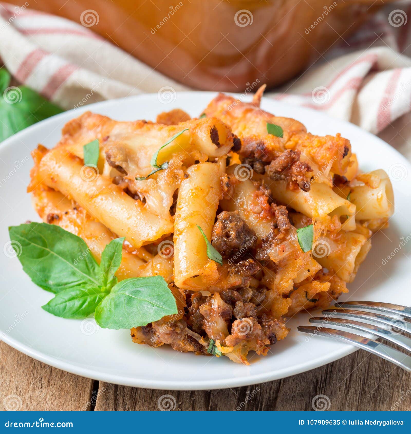 Ziti Bolognese on a White Plate, Pasta Casserole with Minced Meat ...