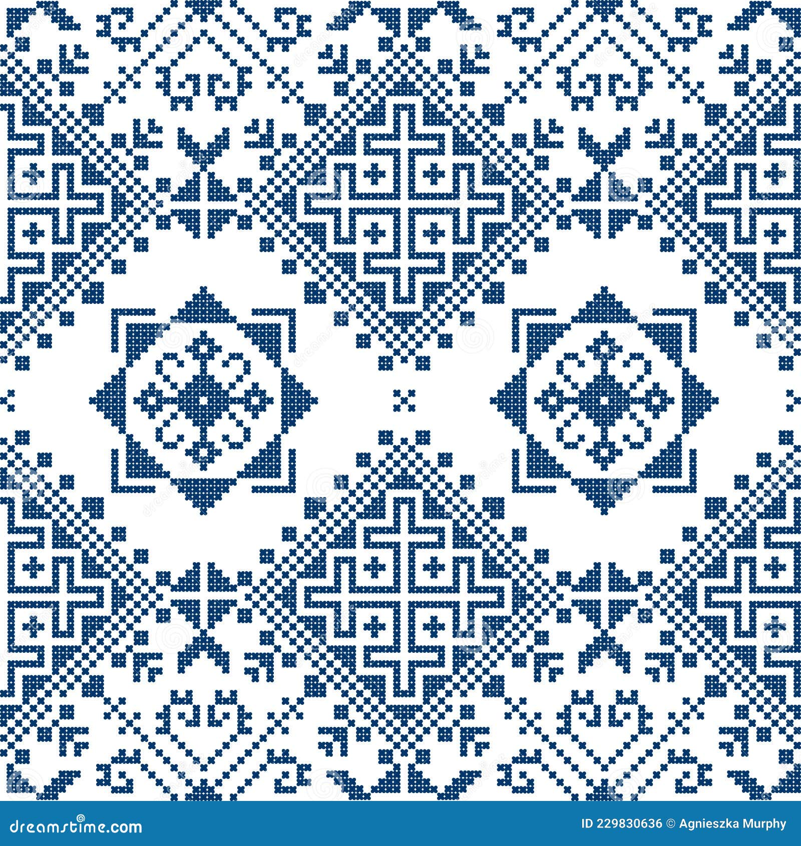 zmijanjski vez traditional navy blue cross-stitch  seamless pattern - inspired by the old folk art s from bosnia and h