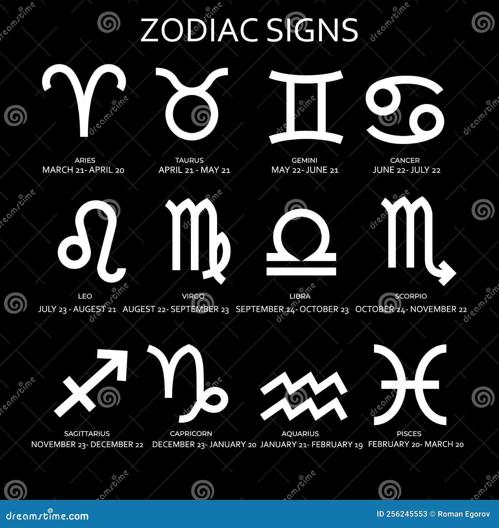 Zodiac Calendar. Horoscope Signs with Month Dates. Star Constellation