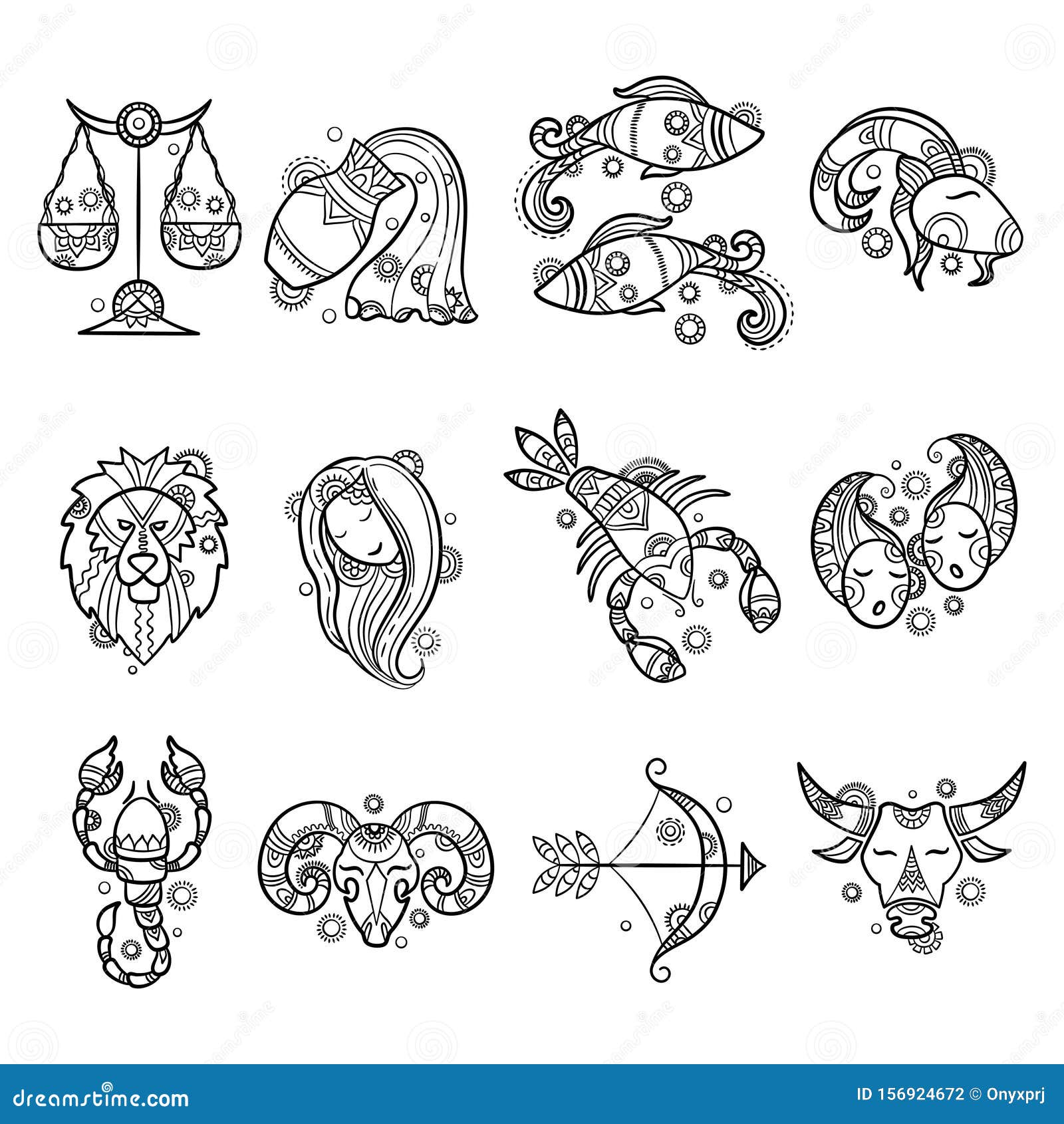 Zodiac Characters. Astrology Horoscope Signs Tattoos Lion Aries Fish ...