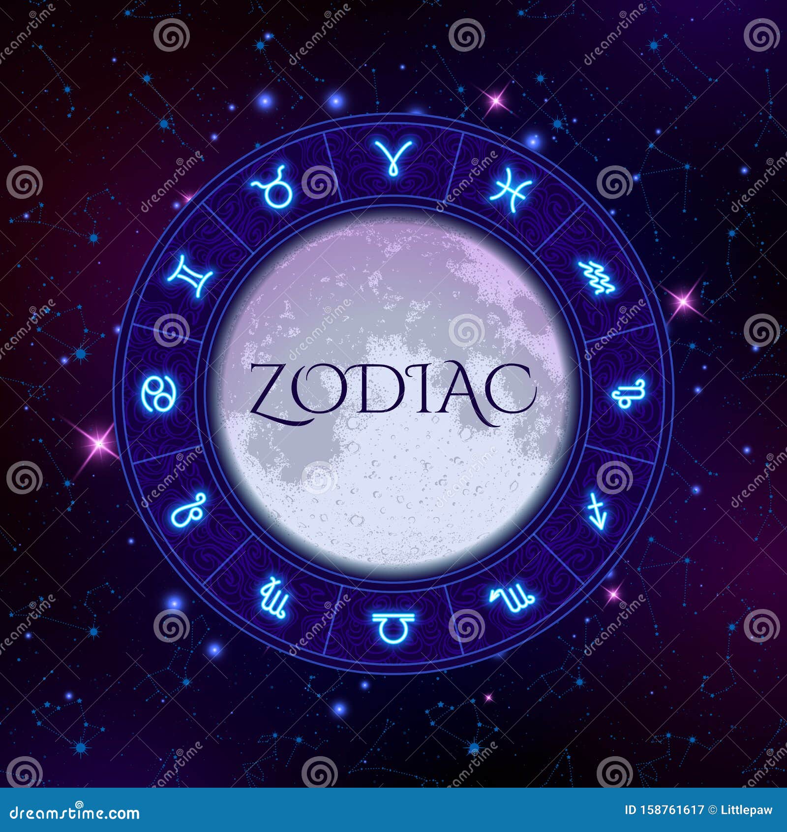 Zodiac Circle on Space Background with Moon in the Centre, Star ...