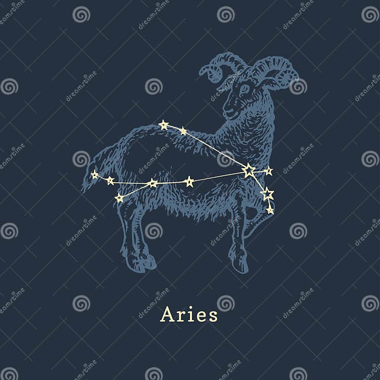 Zodiac Constellation of Aries in Engraving Style. Vector Retro Graphic ...