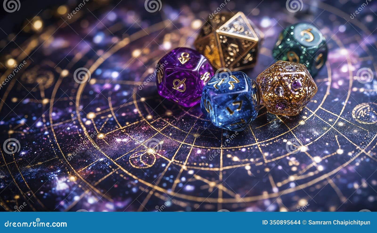 zodiac dice on table with star chart background