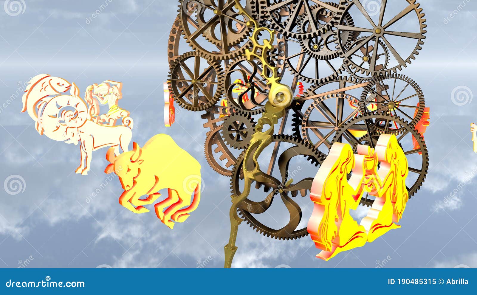 Zodiac Horoscope, 12 Zodiac Signs and a Clockwork. 3D Rendering Stock