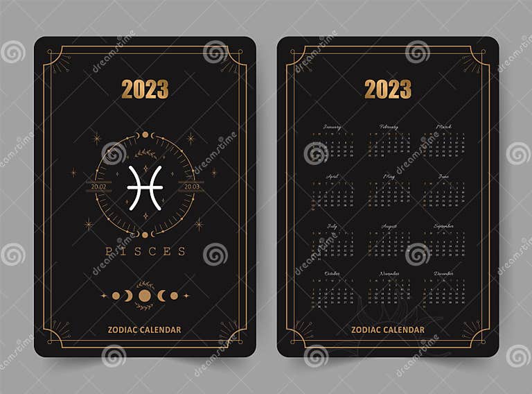Zodiac Pisces Calendar 2023. Pocket Size. Front and Back Sides. Week