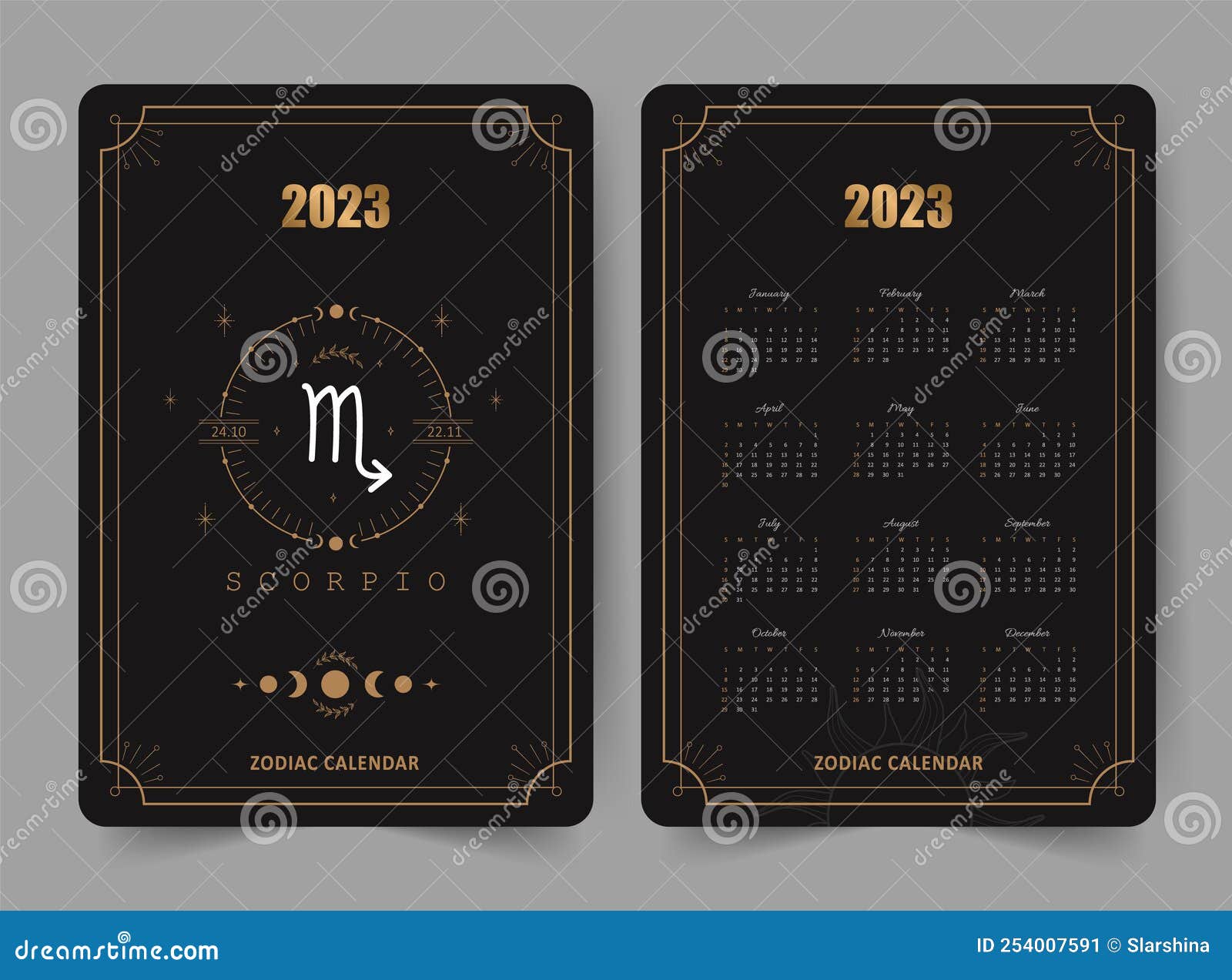 Zodiac Scorpio Calendar 2023. Pocket Size. Front and Back Sides. Week