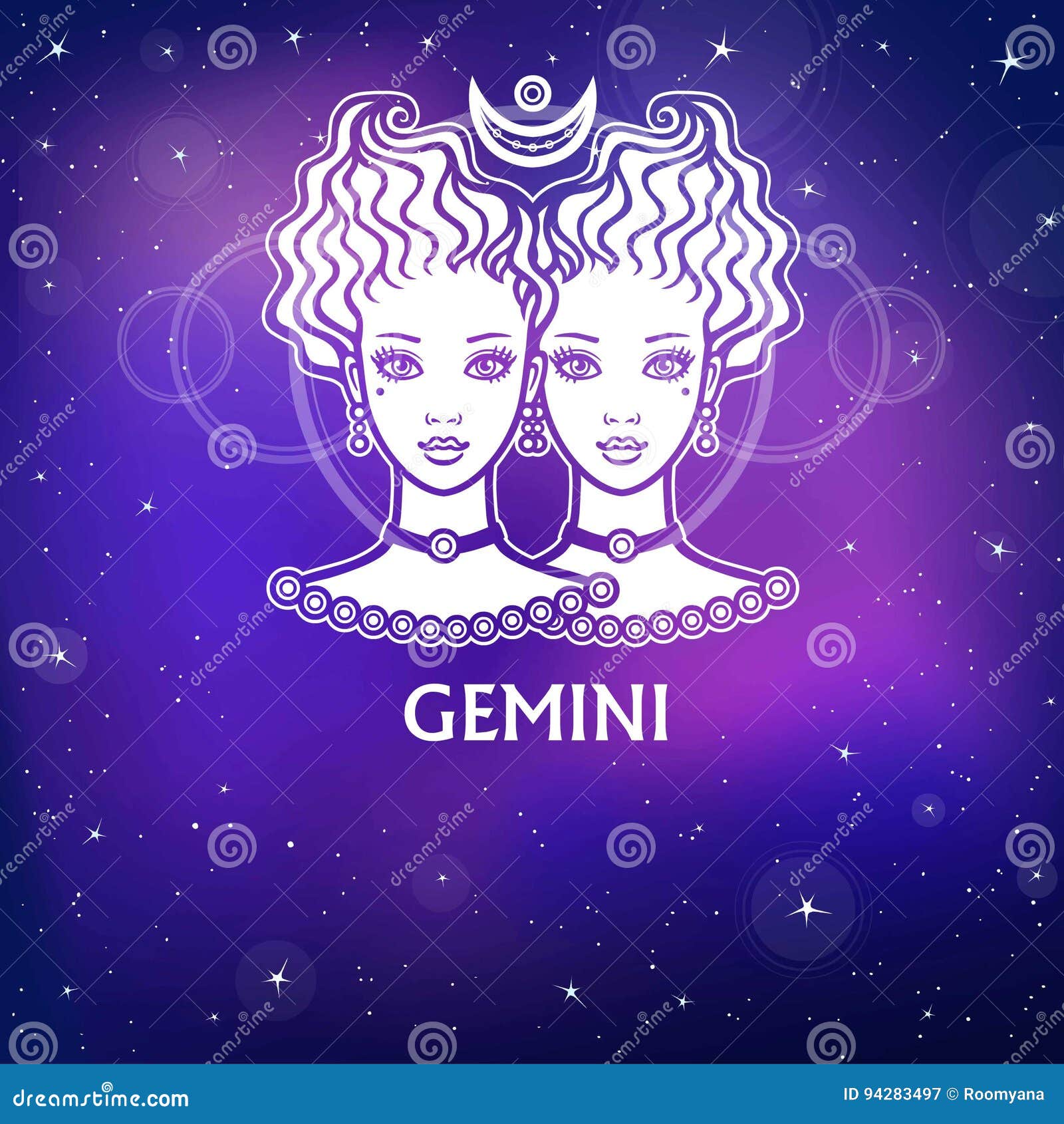 zodiac sign gemini. fantastic princess, animation portrait. white drawing, background - the night stellar sky.