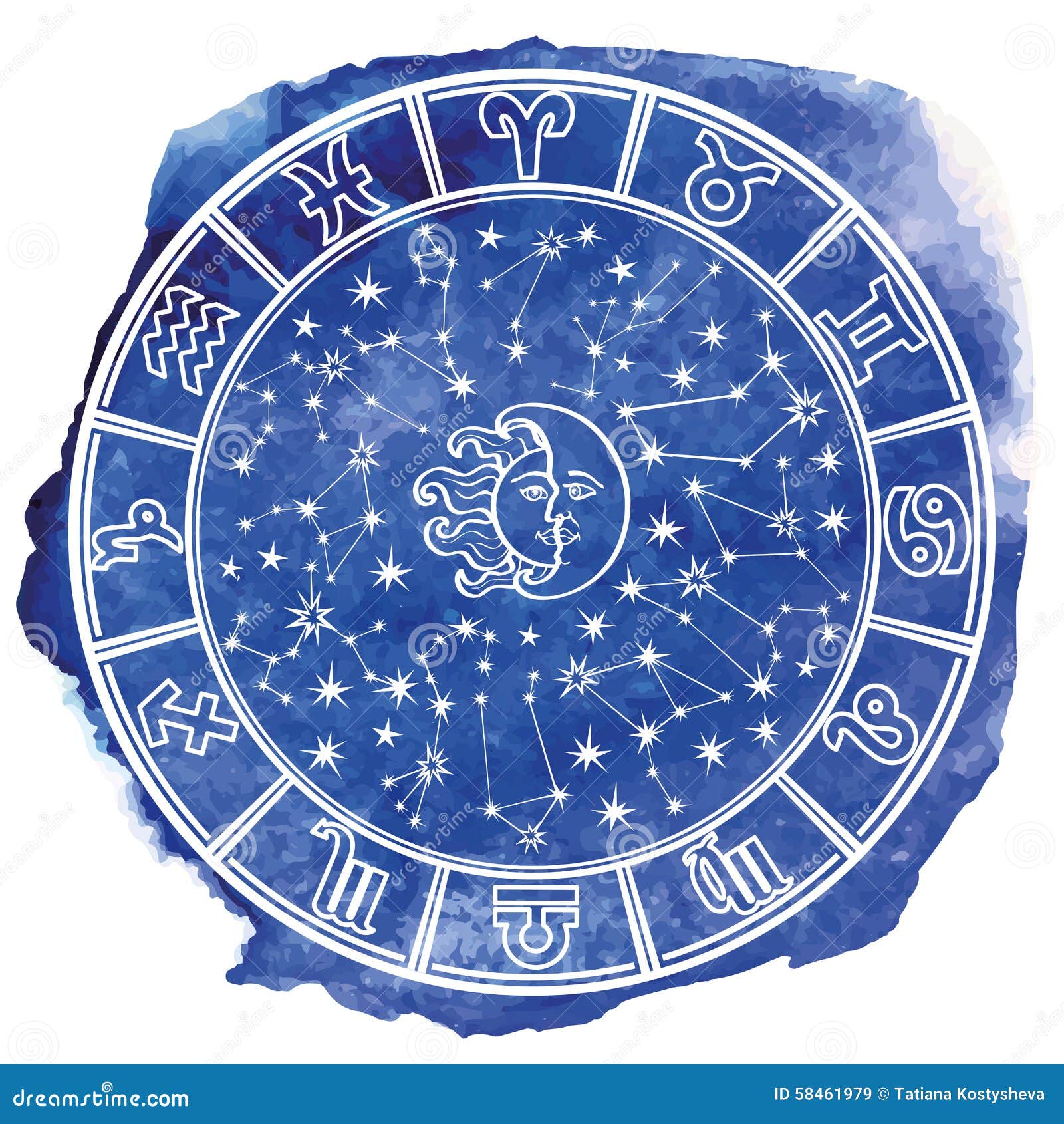 zodiac sign in horoscope circle.blue watercolor