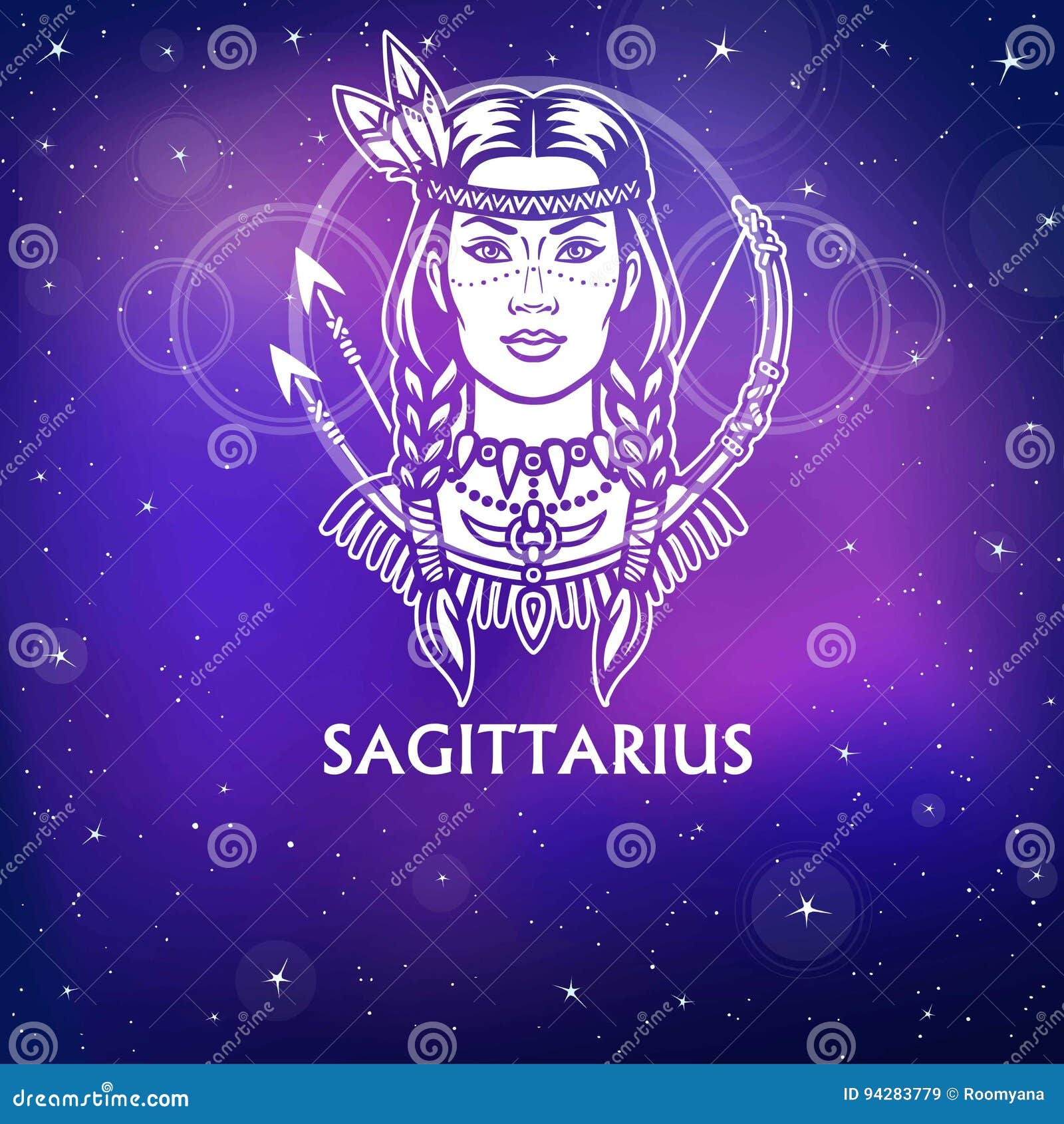 zodiac sign sagittarius. fantastic princess, animation portrait. white drawing, background - the night stellar sky.