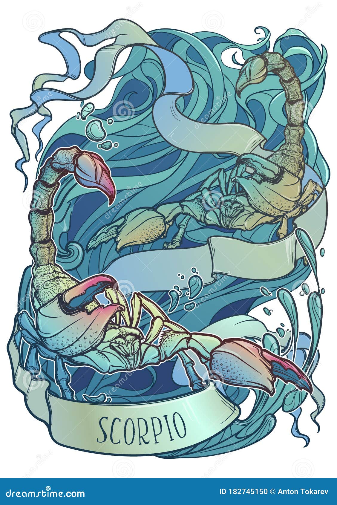 Zodiac Sign of Scorpio, Element of Water. Intricate Linear Drawing on