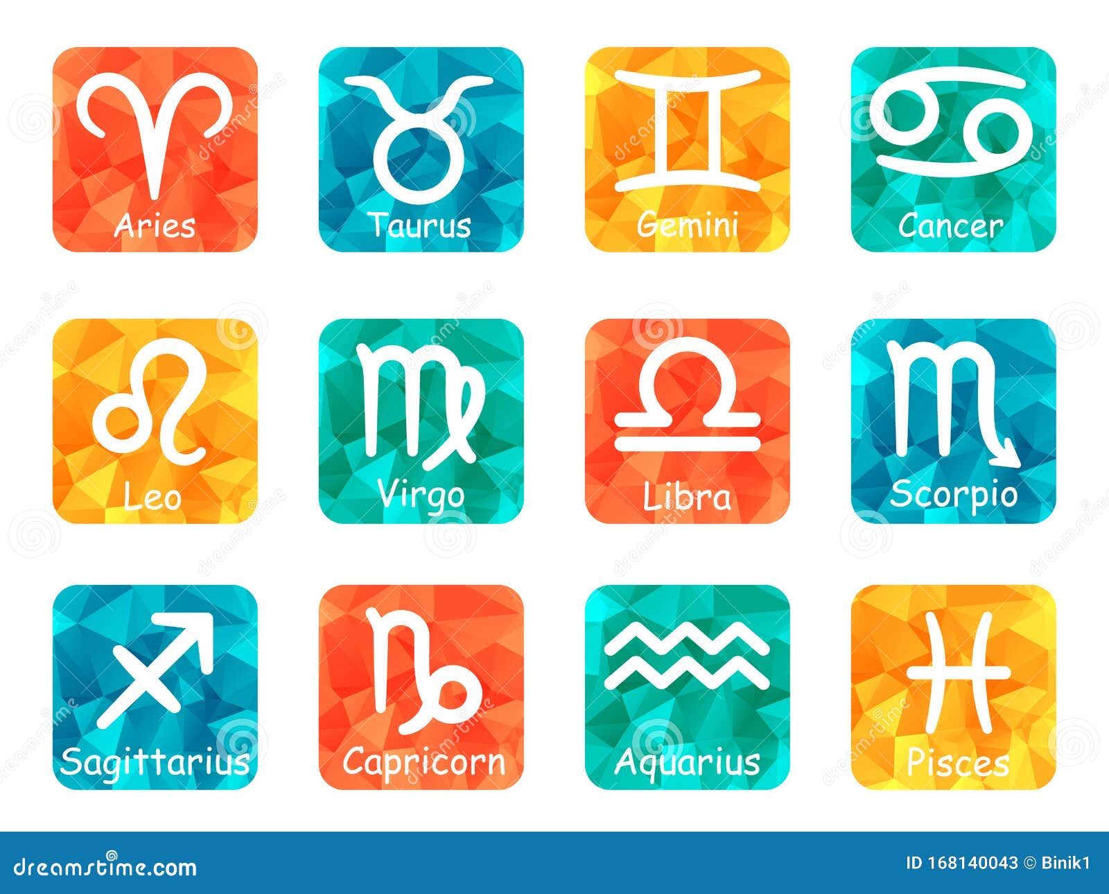 Zodiac Sign Symbols Vector with Captions on Colorful Buttons Stock ...