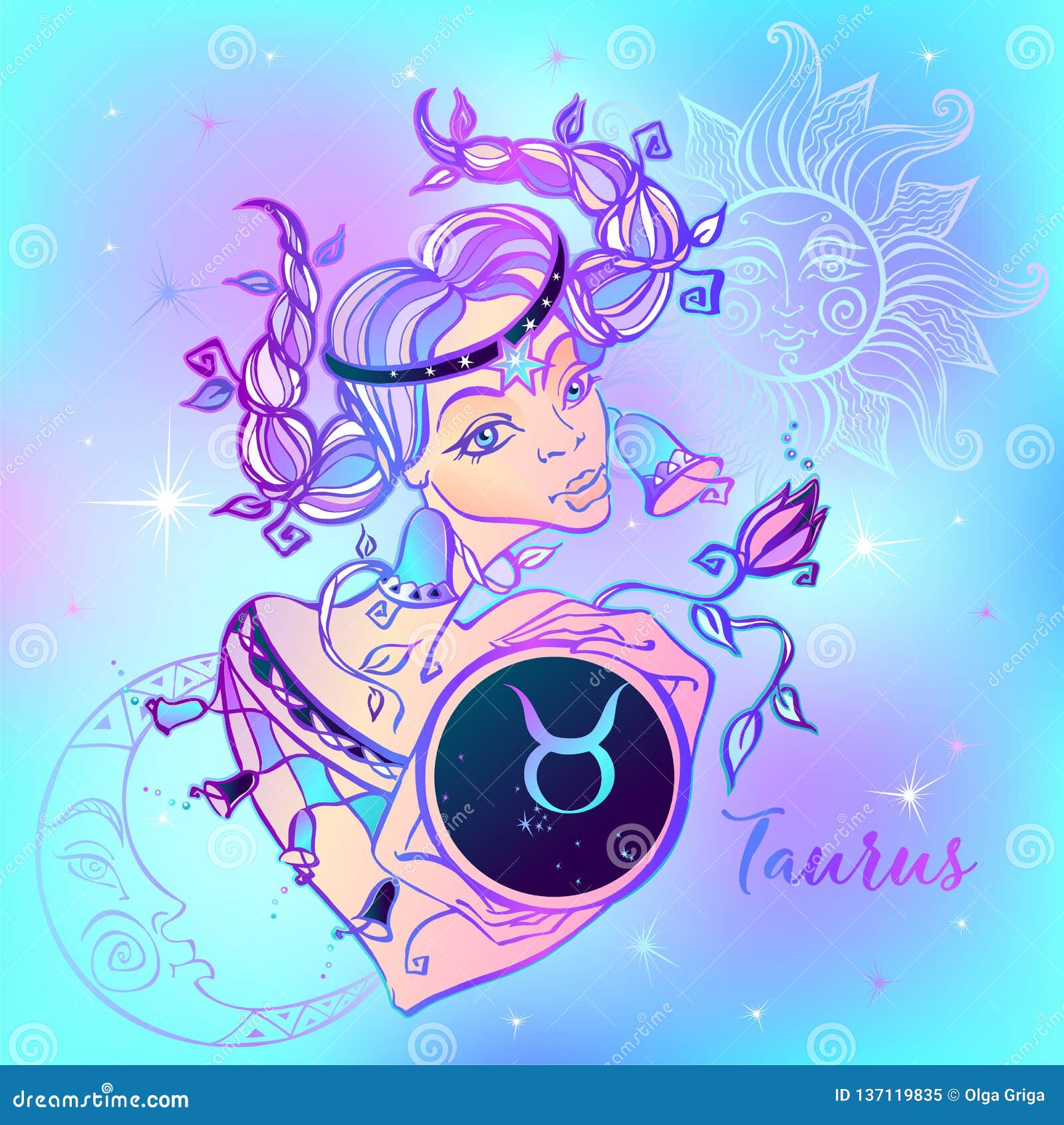 Zodiac Sign Taurus a Beautiful Girl. Horoscope. Astrology. Vector Stock ...