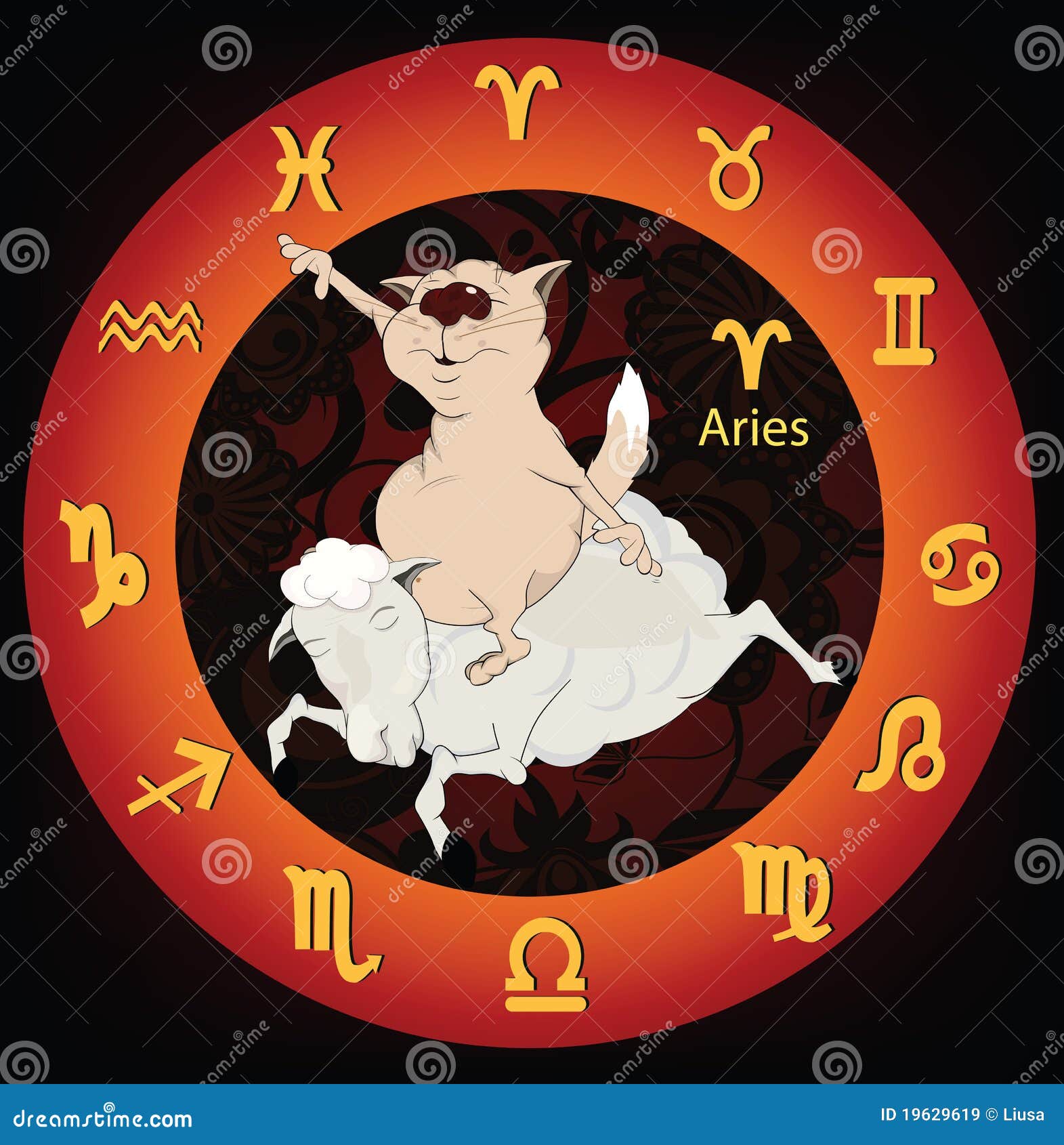 Zodiac Signs. Aries. Cat and Sheep. Cartoon Stock Vector Illustration