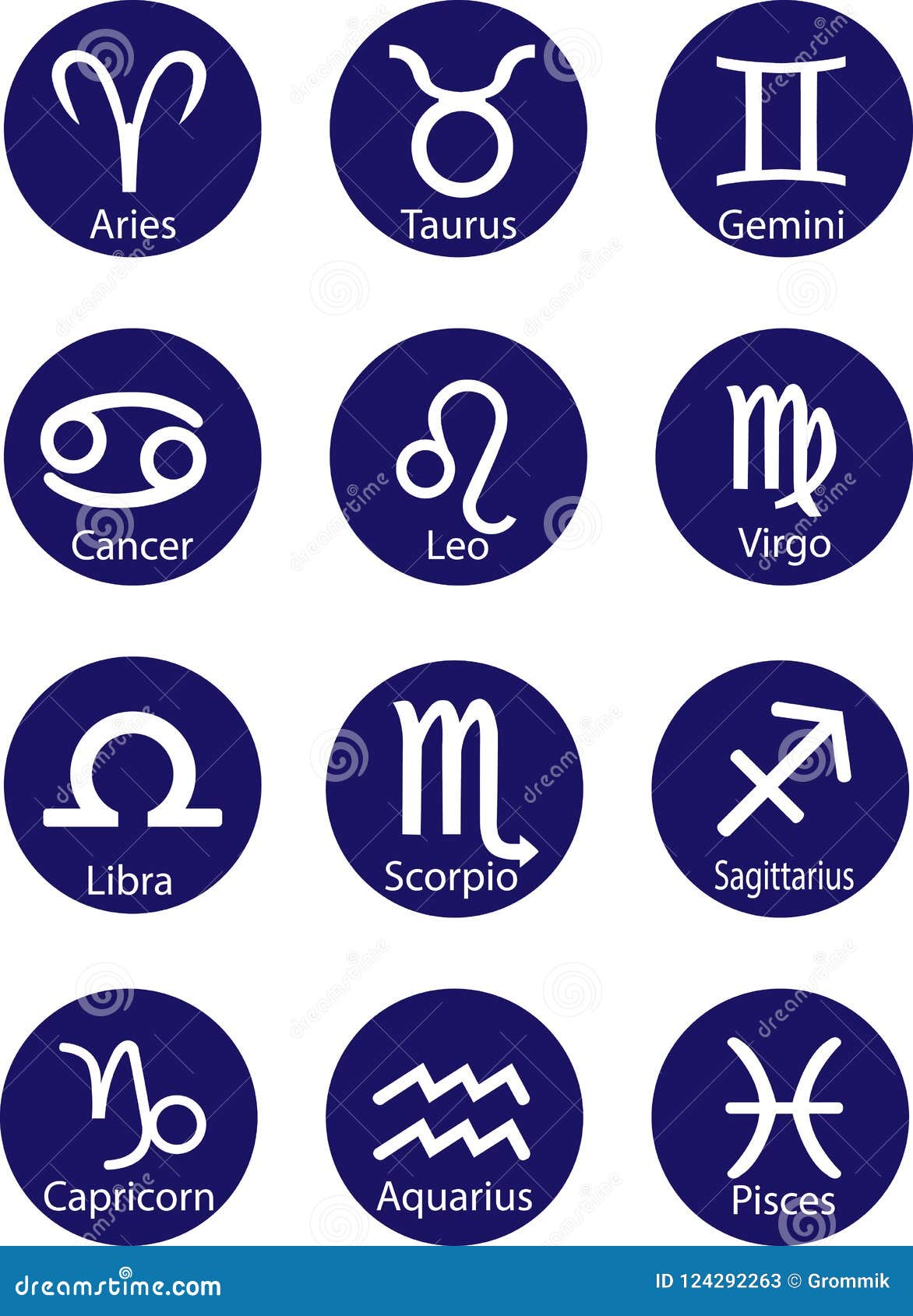 Zodiac Signs Icon with Inscriptions on the Blue Circle, Flat Image ...