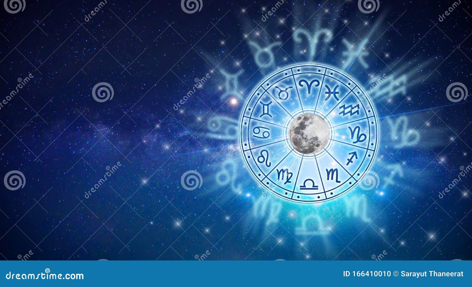 zodiac signs inside of horoscope circle. astrology in the sky with many stars and moons  astrology and horoscopes concept