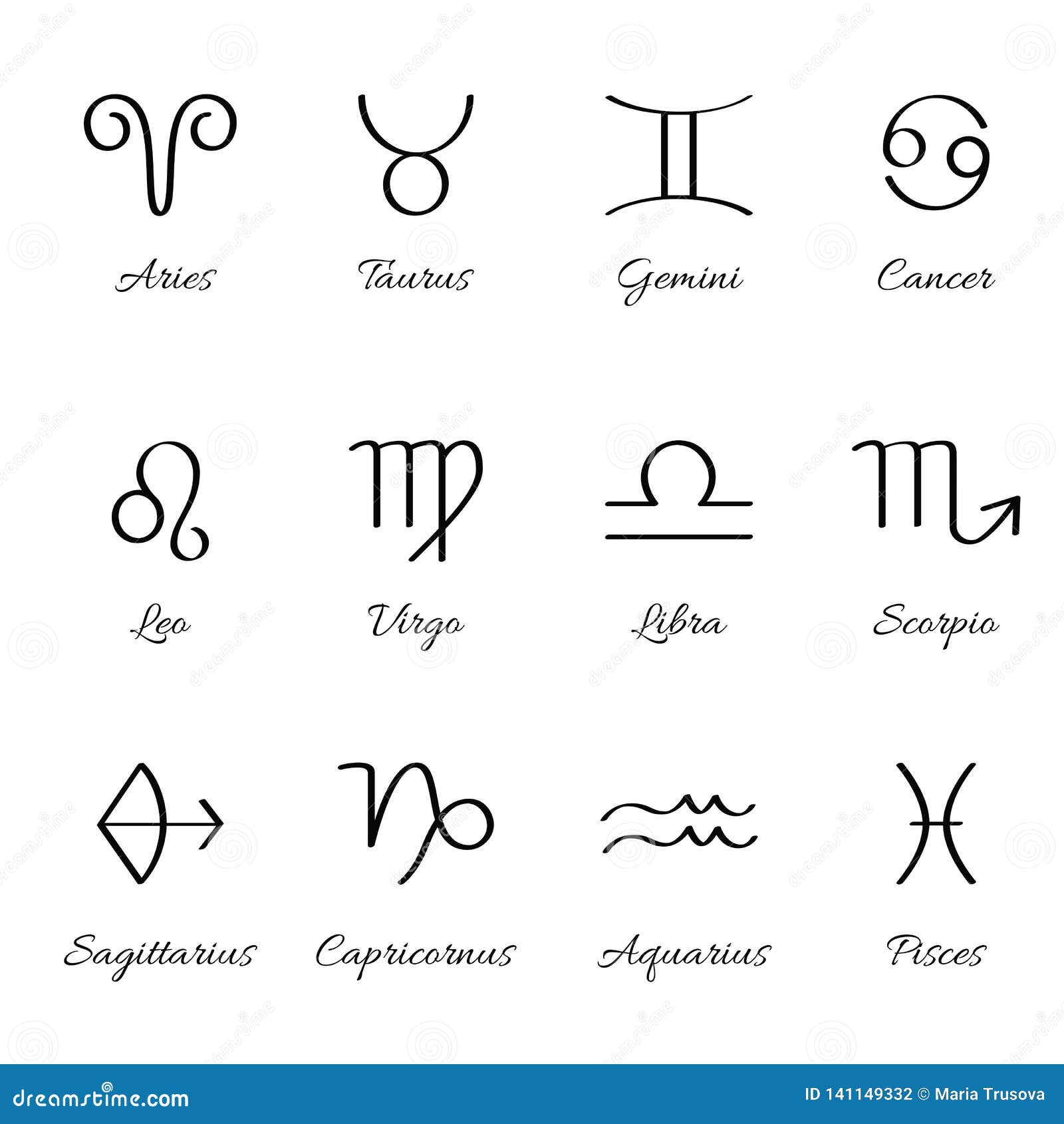 12 Zodiac Sign for Astrology. Calligraphy Style Set. Simple Icons ...