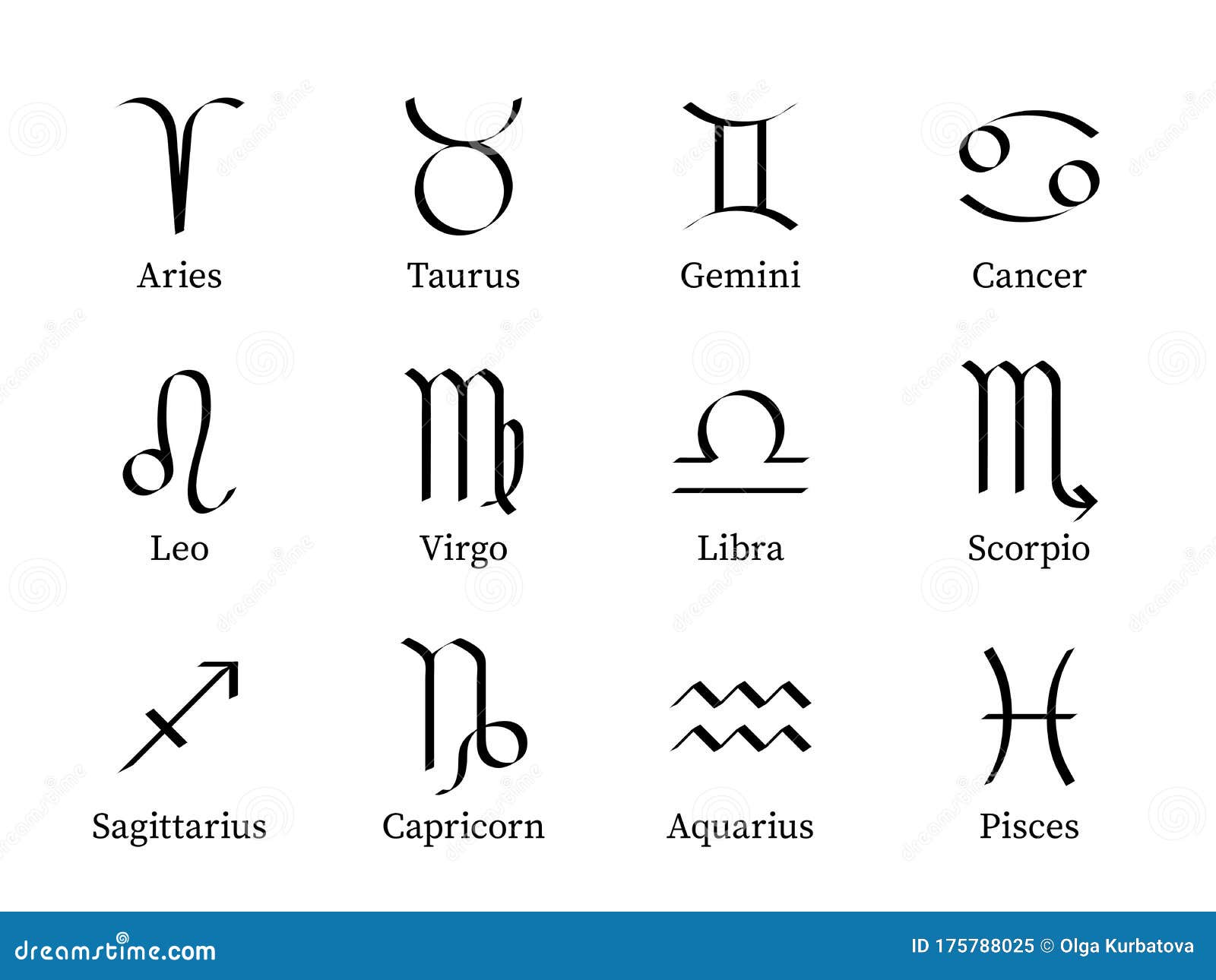 Zodiac Signs. Twelve Astrological Stylized Constellations, Symbols