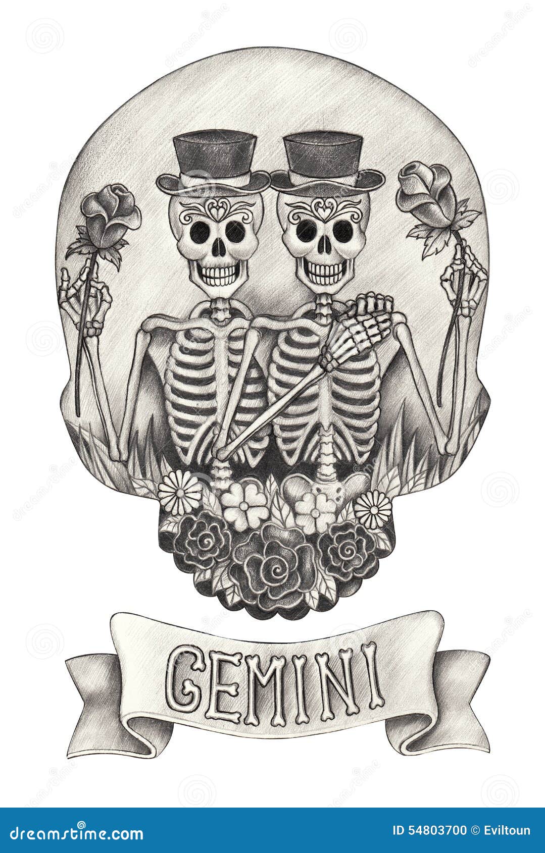 Zodiac Skull Gemini.Hand Drawing On Paper. Stock Illustration
