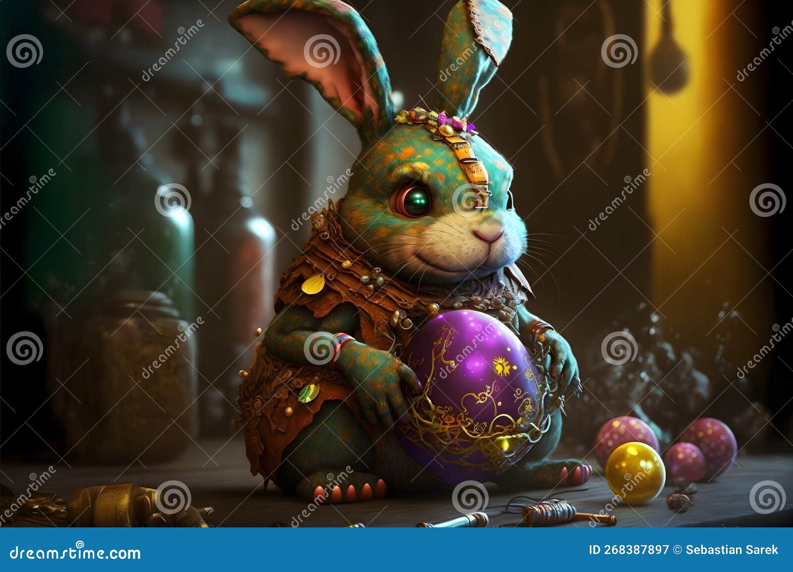 Zombie Bunny Decorating Violet Easter Egg. Stock Illustration