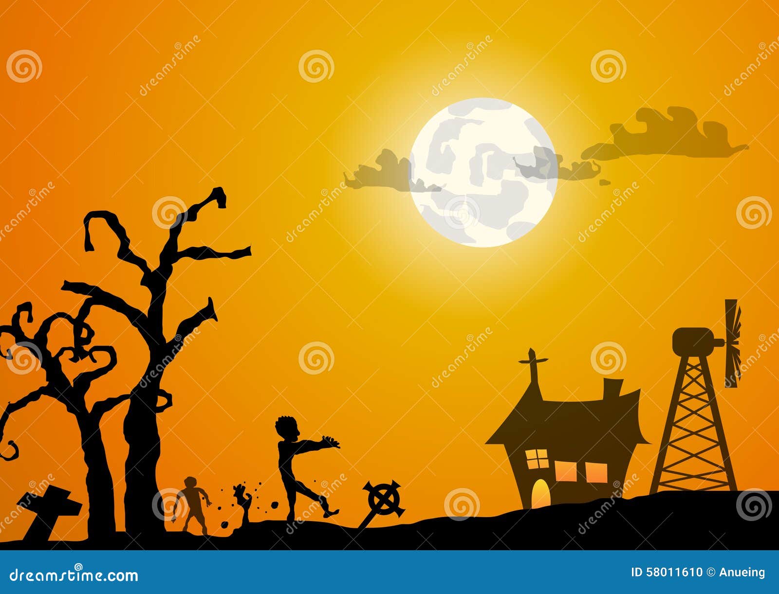 Concetto Di Halloween, Cimitero Con Gli Zombie Alla Notte Illustrazione - Foto 5