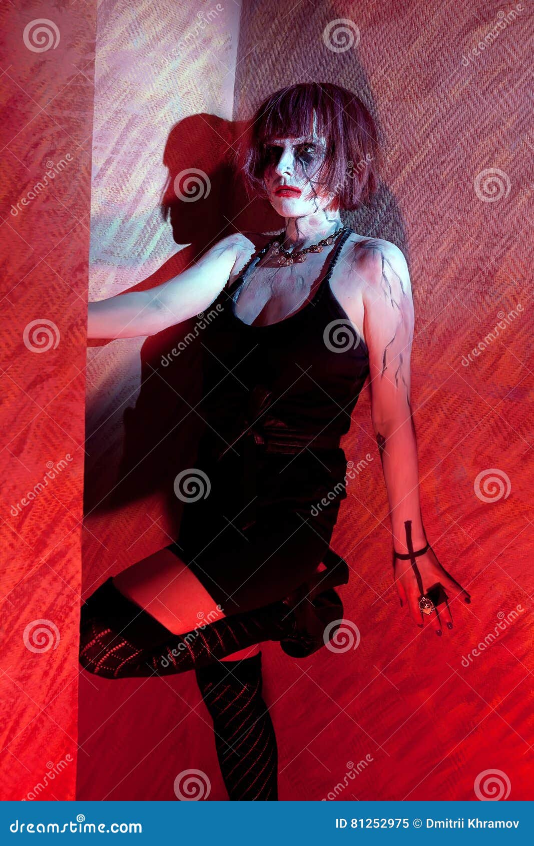 Zombie Girl in Black Dress at Red Light Stock Image - Image of ...