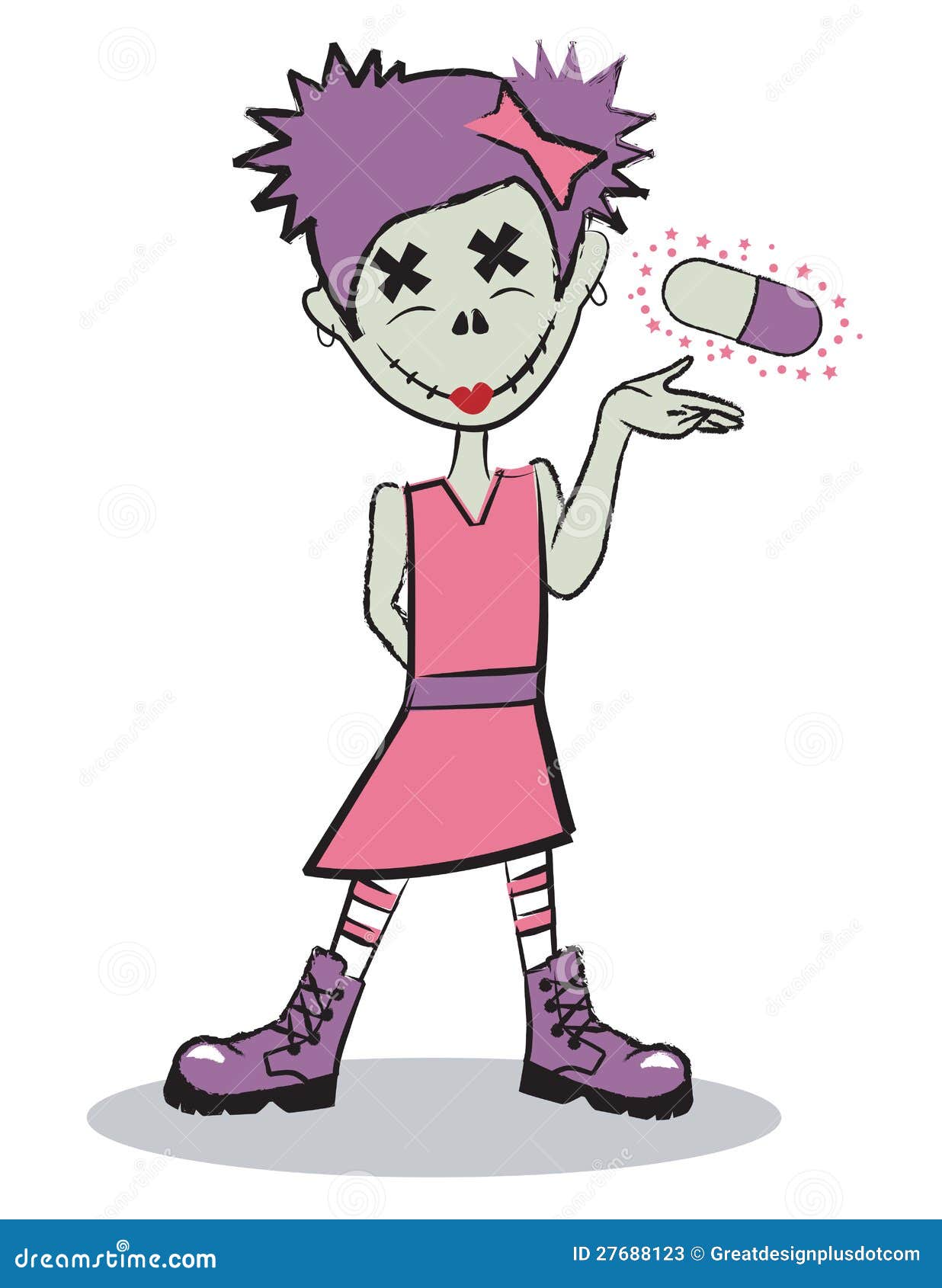 Zombie Girl Standing On Gravestone. Vector Illustration CartoonDealer