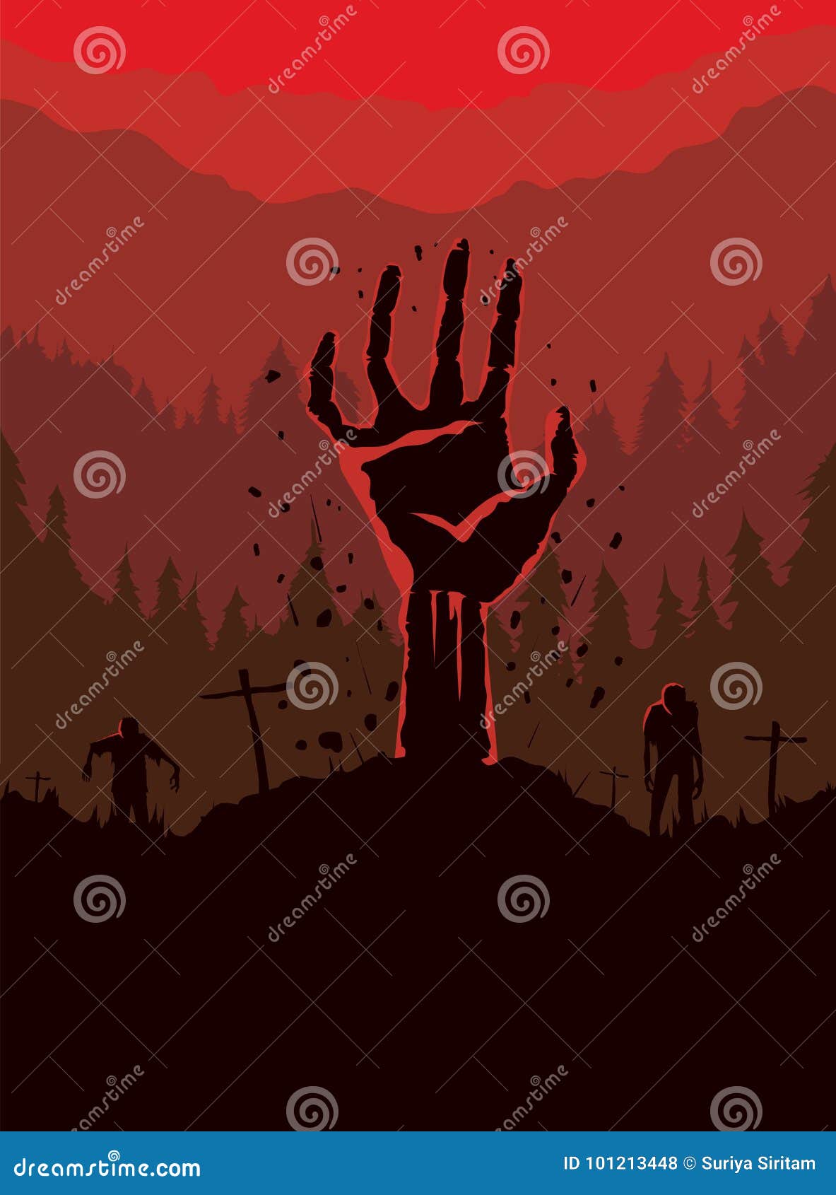 Zombie Hand Rising Out of the Grave in the Cemetery at Night. Stock ...