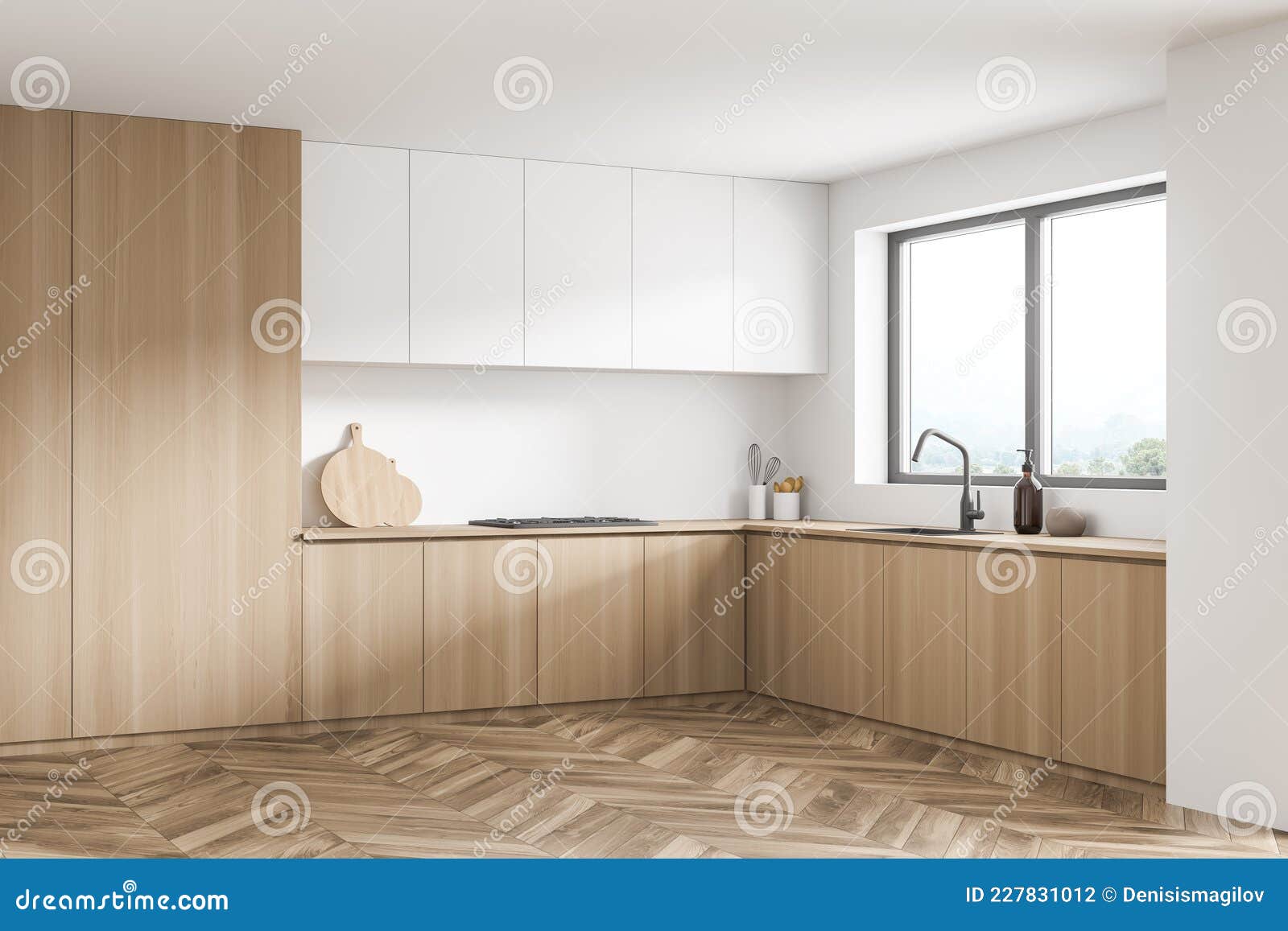 Parte del interior de una cocina moderna blanca con armarios con vidrio  esmerilado, una pared de ladrillo blanco y una encimera de madera. equipo  de cocina.