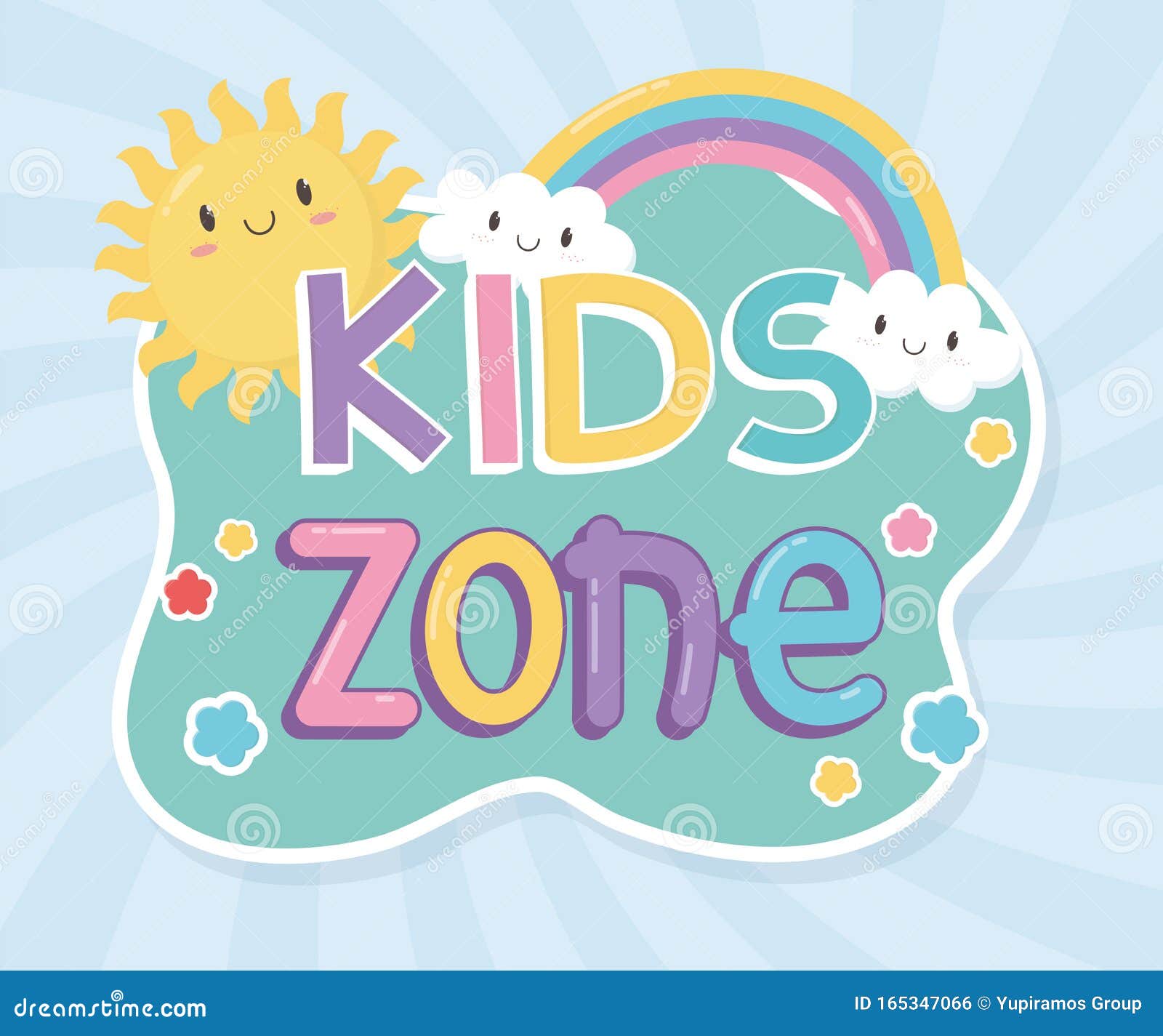 Zona per bambini, lettere colorate, nuvole arcobaleno al sole. Zona per bambini, lettere colorate, nubi arcobaleno solare illustrazione vettoriale dei vigneti