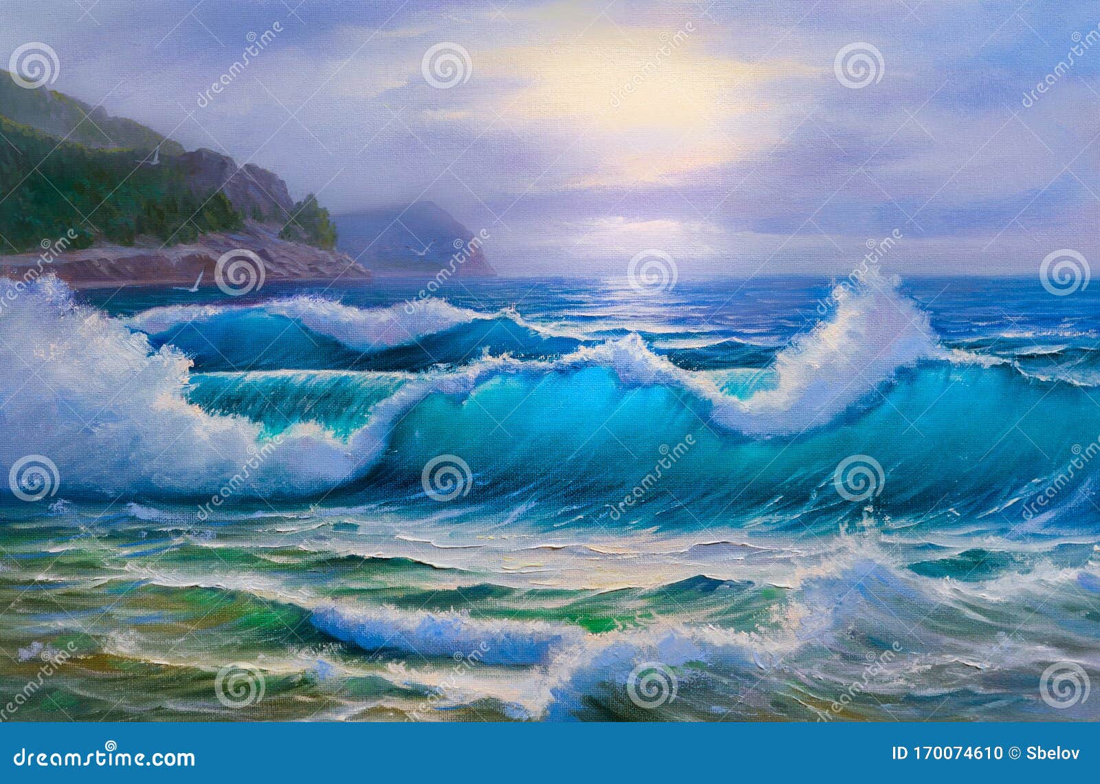 zoom Rang hier Zondst Op Zee, Schilderen Met Olie Op Doek Stock Illustratie - Illustration  of zeegezicht, canvas: 170074610