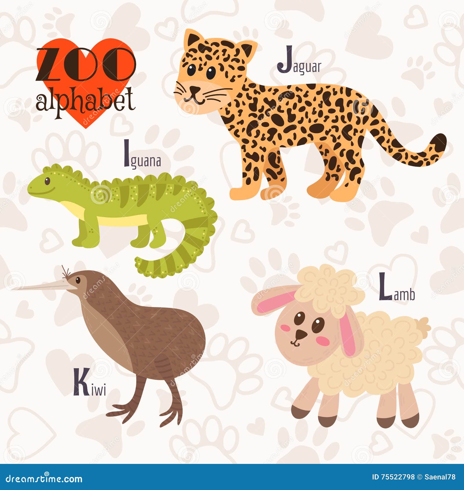 Revolutionair attribuut skelet Zoo Alphabet with Funny Animals. I, J, K, L Letters. Iguana, Jag Stock  Vector - Illustration of icon, kiwi: 75522798