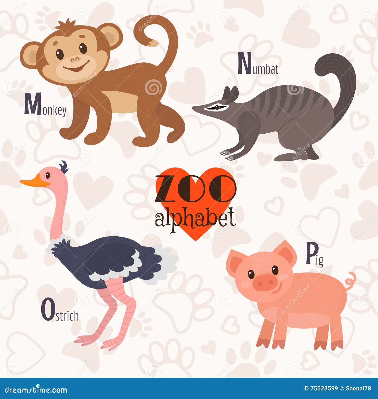 Zoo Alphabet with Funny Animals. M, N, O, P Letters. Monkey, Numbat,  Ostrich, Pig Stock Vector - Illustration of design, colorful: 75523599