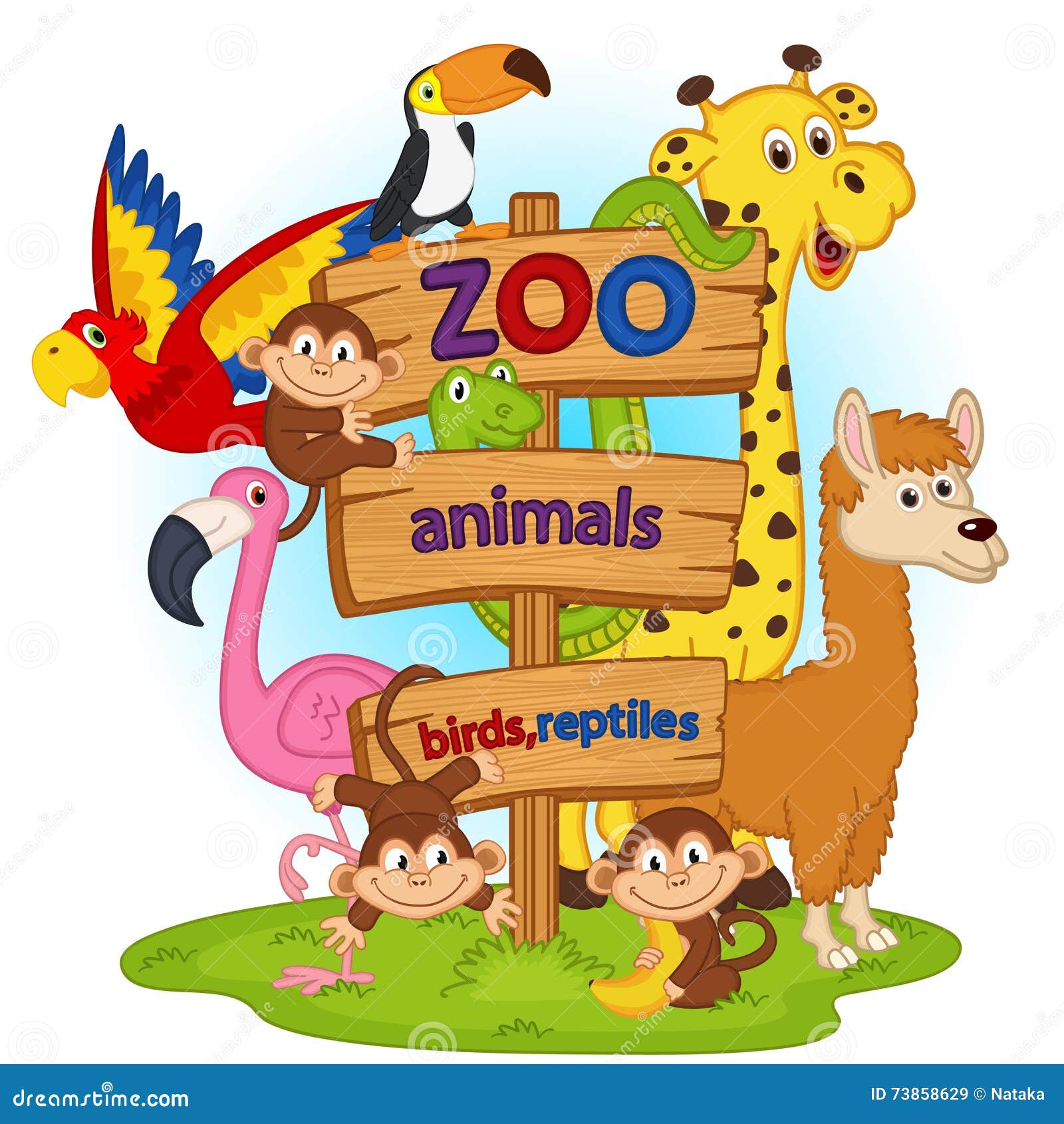 Zoo Animals Near Wooden Sign Stock Vector - Illustration ...