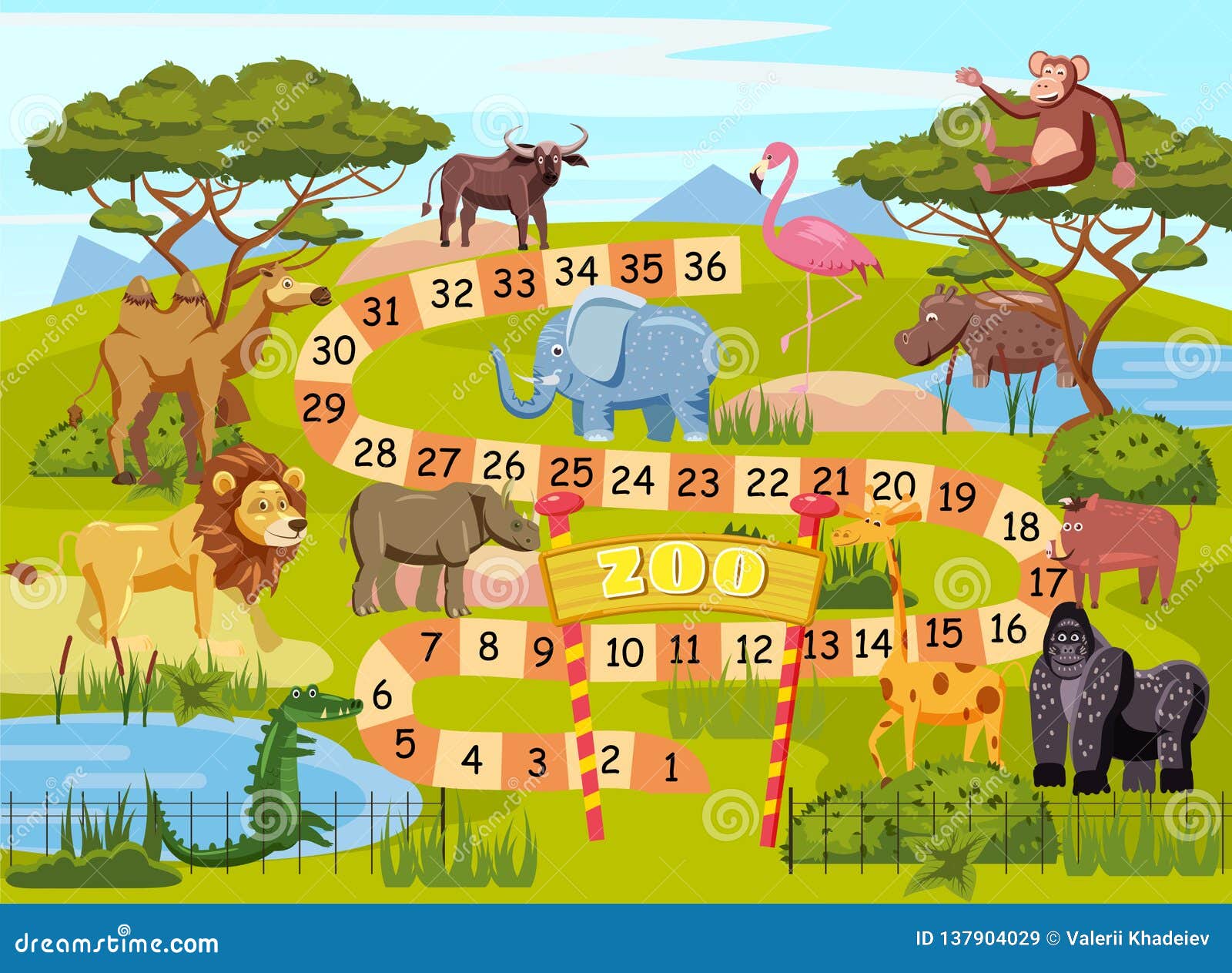 zoo board game with numbers for children, lion, elephant, flamingo, buffalo, hippopotamus, crocodile, gorilla, camel