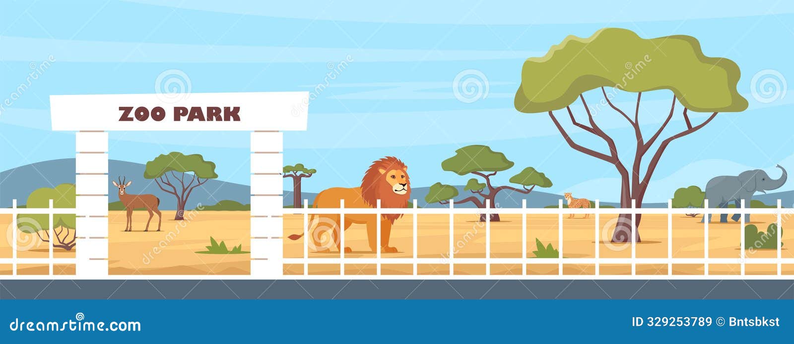 zoo entrance gate and exotic african animals. elephant, giraffe, camel, cheetah, lion, flamingo, vulture, monkey on territory of