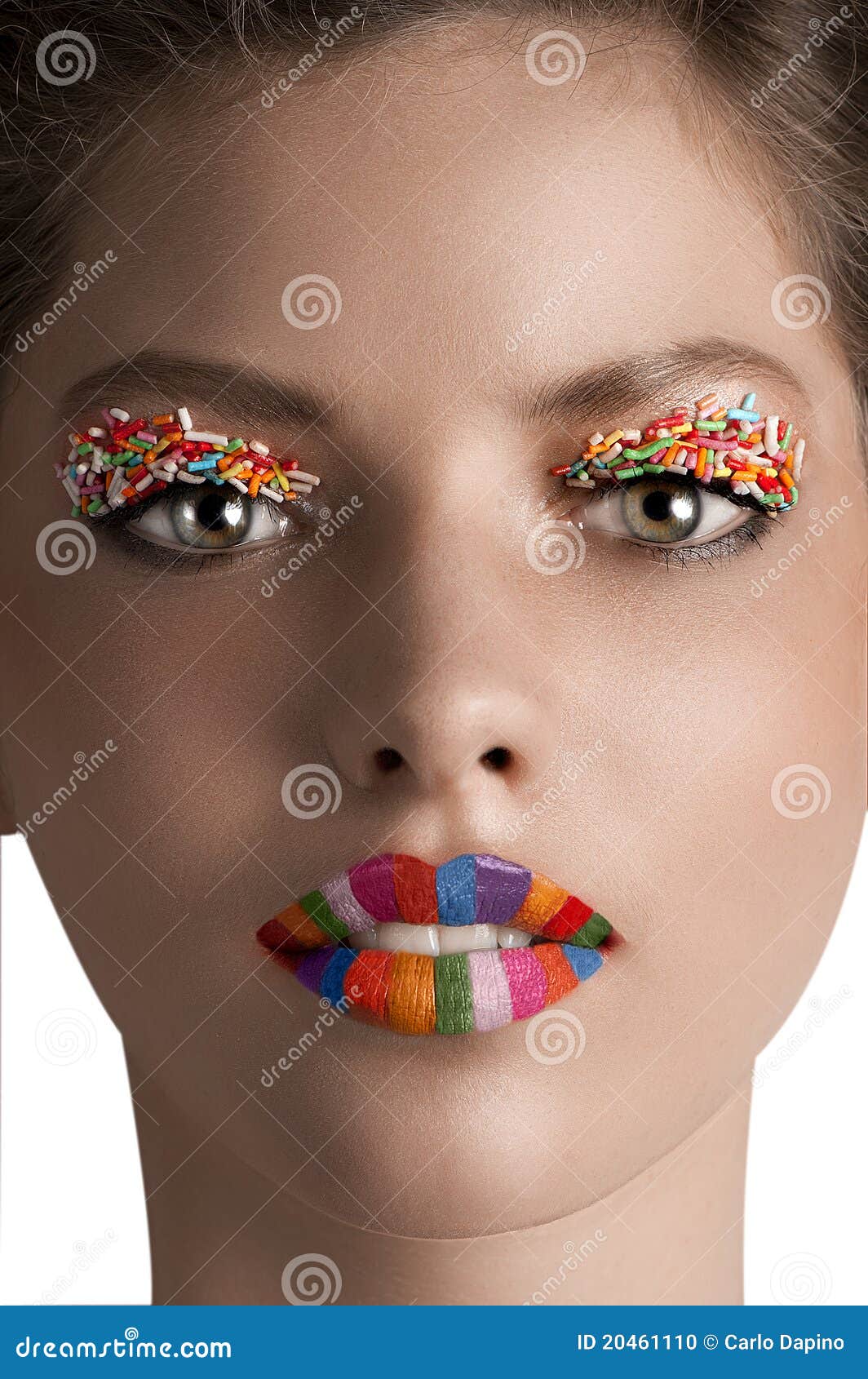 Zoom On A Girls Face With Rainbow Lips And Candy Stock 