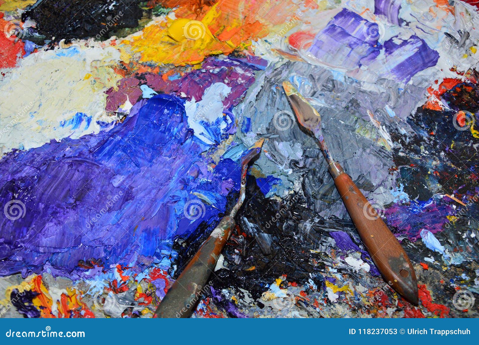 A Painter`s Palette in His with Tools Stock Image Image of